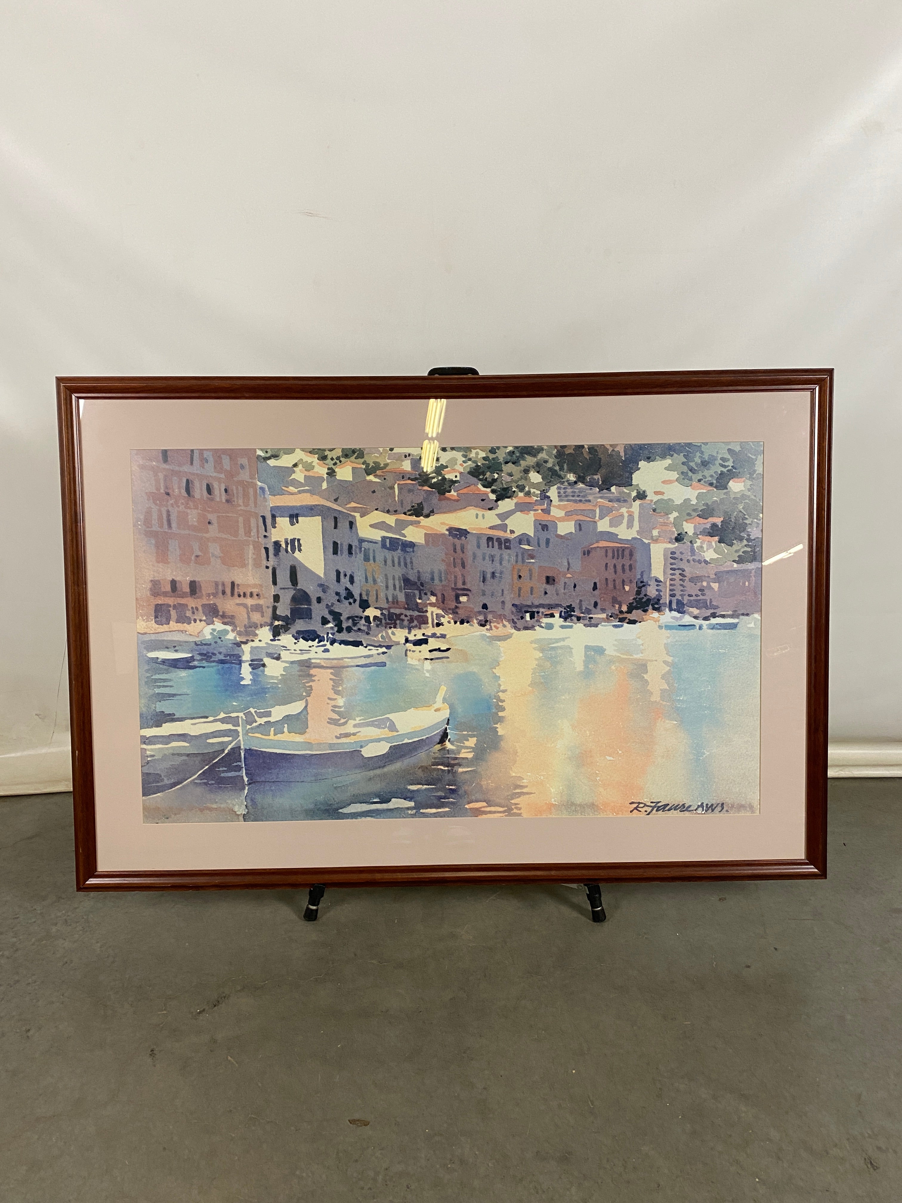 Framed Mediterranean Marina Scene Art by R. Faure AWS.