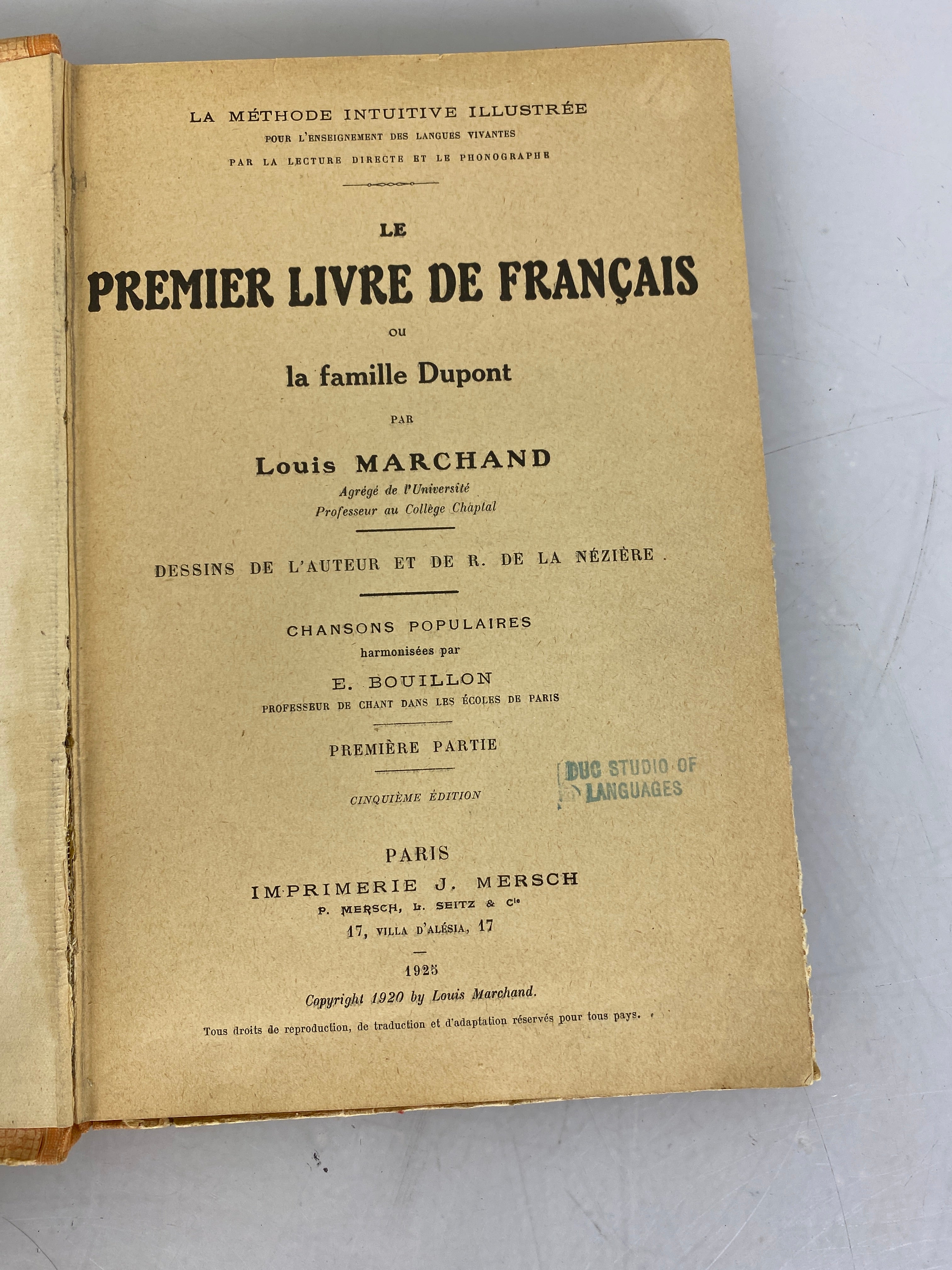 Le Premier Livre de Francais by Louis Marchand (First Book of French) 5th Edition (c1920) HC
