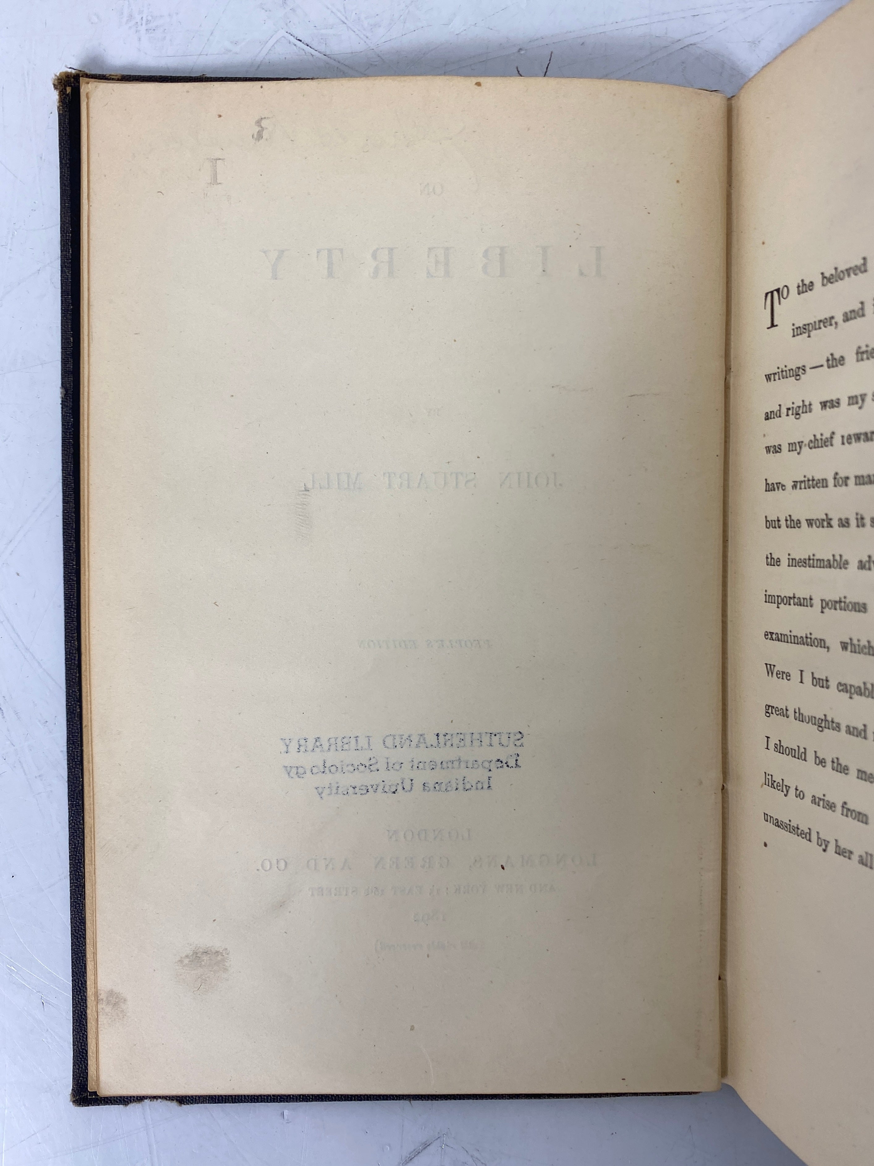 On Liberty John Stuart Mill 1892 People's Edition Antique Ex-Library HC