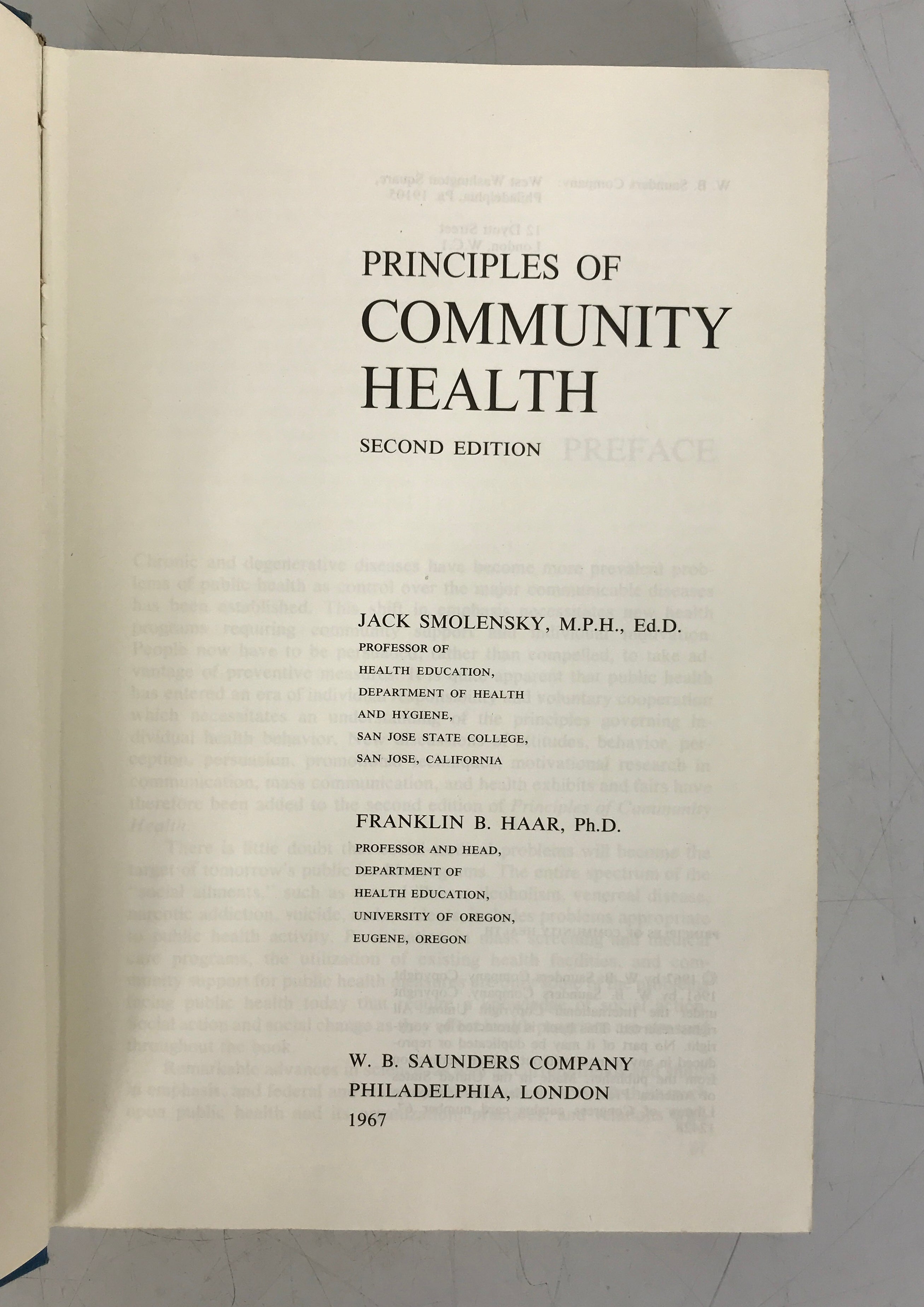 Principles of Community Health Smolensky/Haar Second Ed 1967 HC