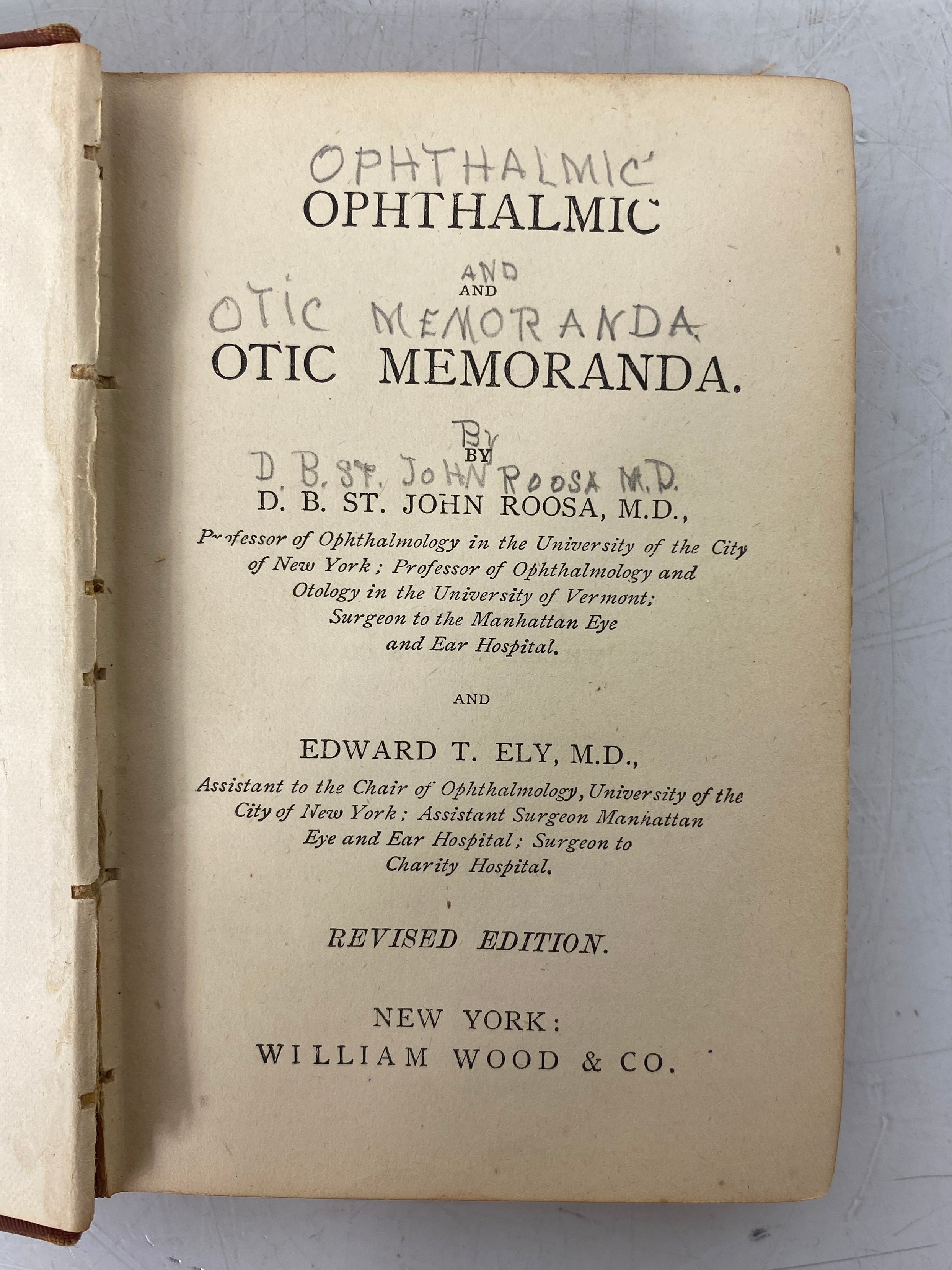 Ophthalmic and Otic Memoranda D.B. St. John Roosa 1876 Antique Pocket Manual