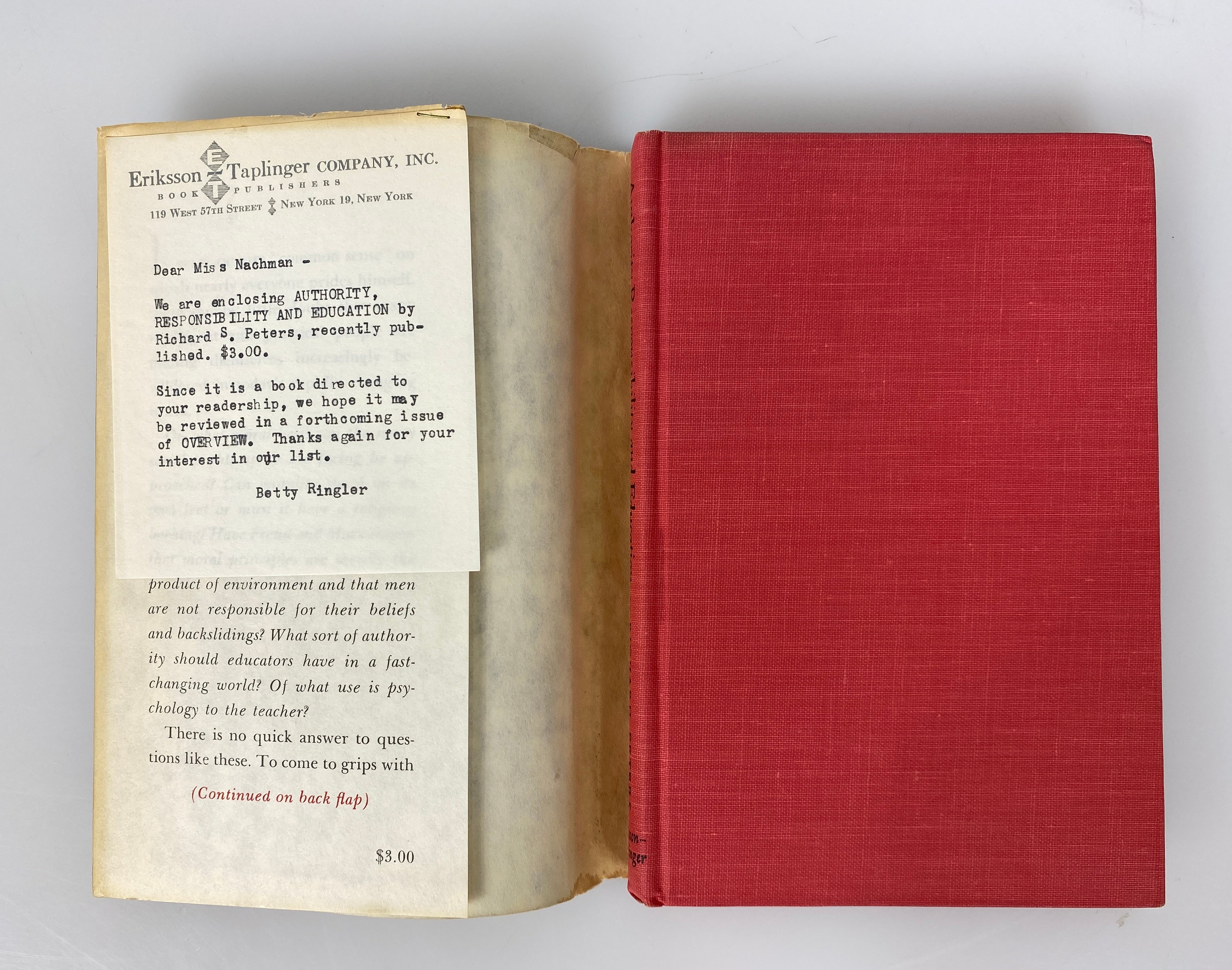 Authority Responsibility & Education by Richard Peters 1960 1st Edition HCDJ