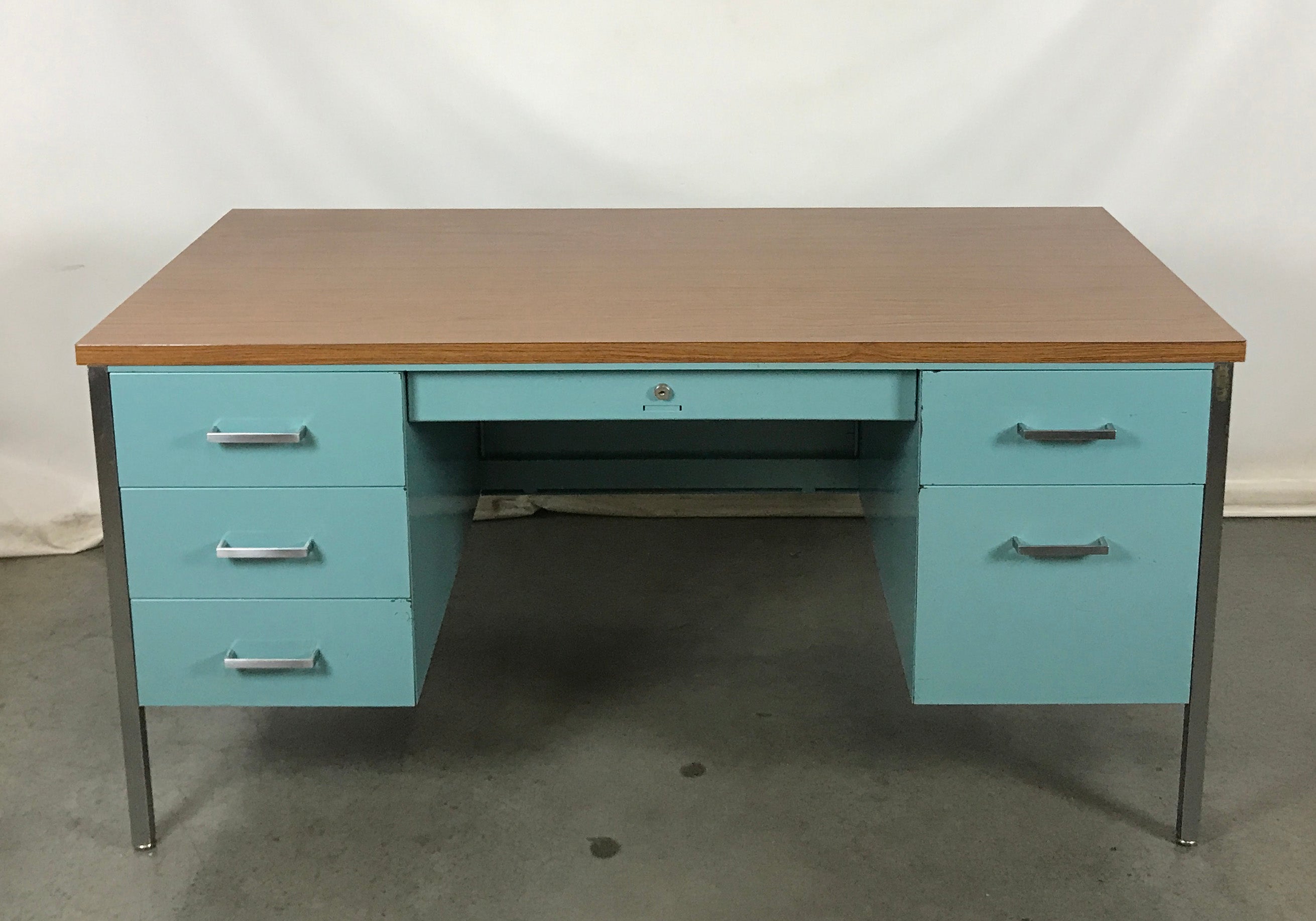 Steelcase Teal 6-Drawer Tanker Desk with Brown Top