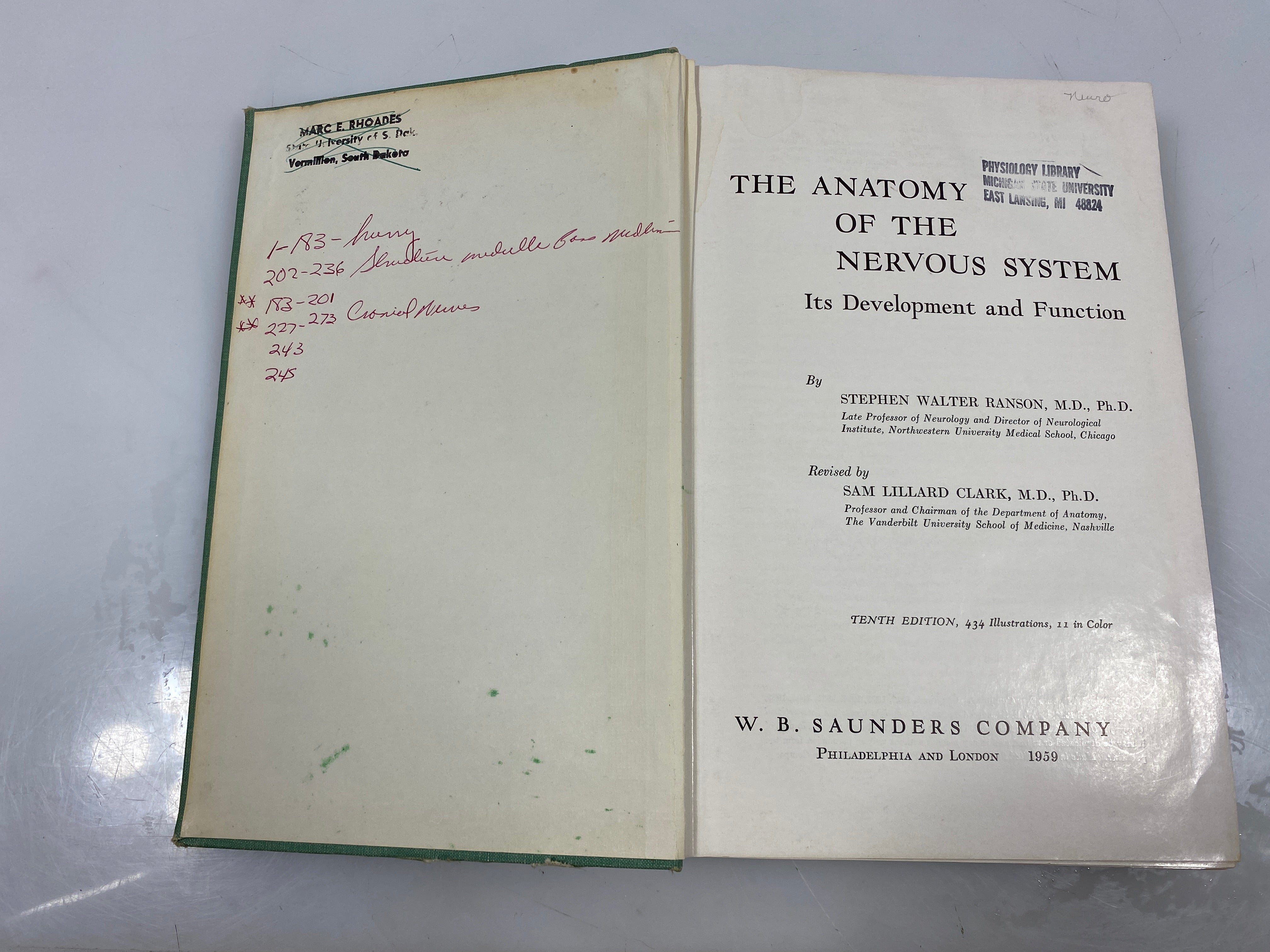 The Anatomy of the Nervous System by Ranson/Clark Ex-Library 1959 HC