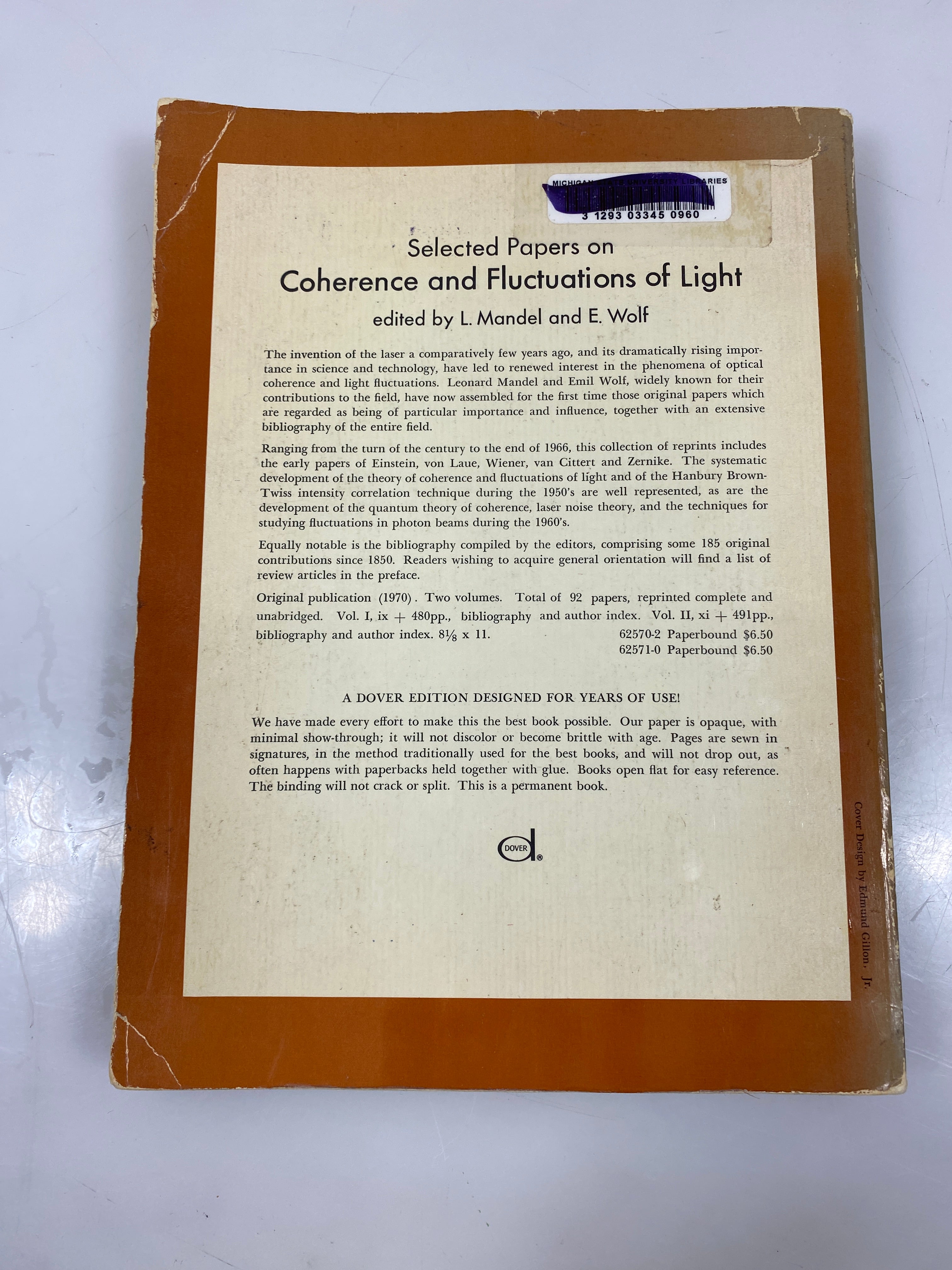Selected Papers on Coherence and Fluctuations of Light Mandel/Wolf Ex-library PB