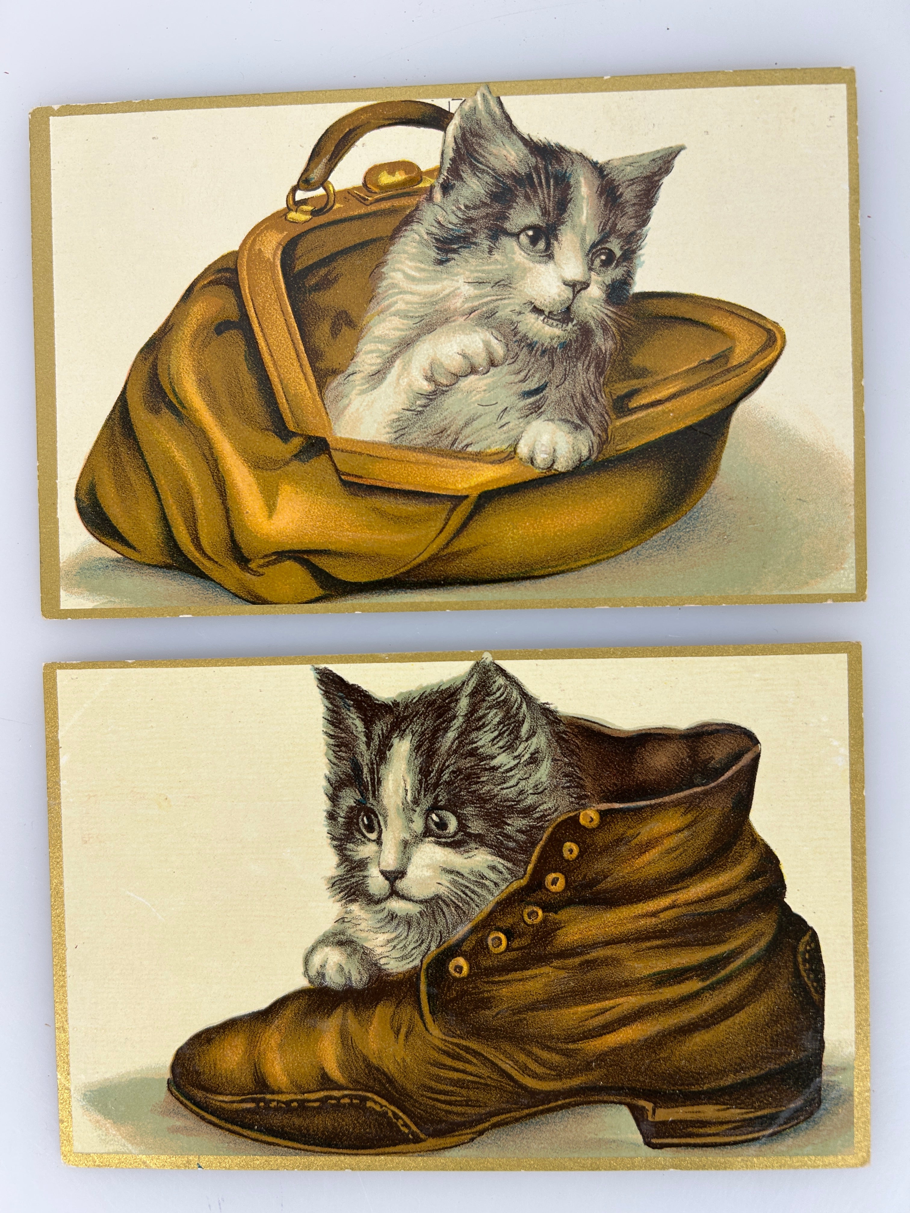 Lot of 2 Antique Embossed Cat in Boot & In Bag with Gilt Frames c1910 unposted