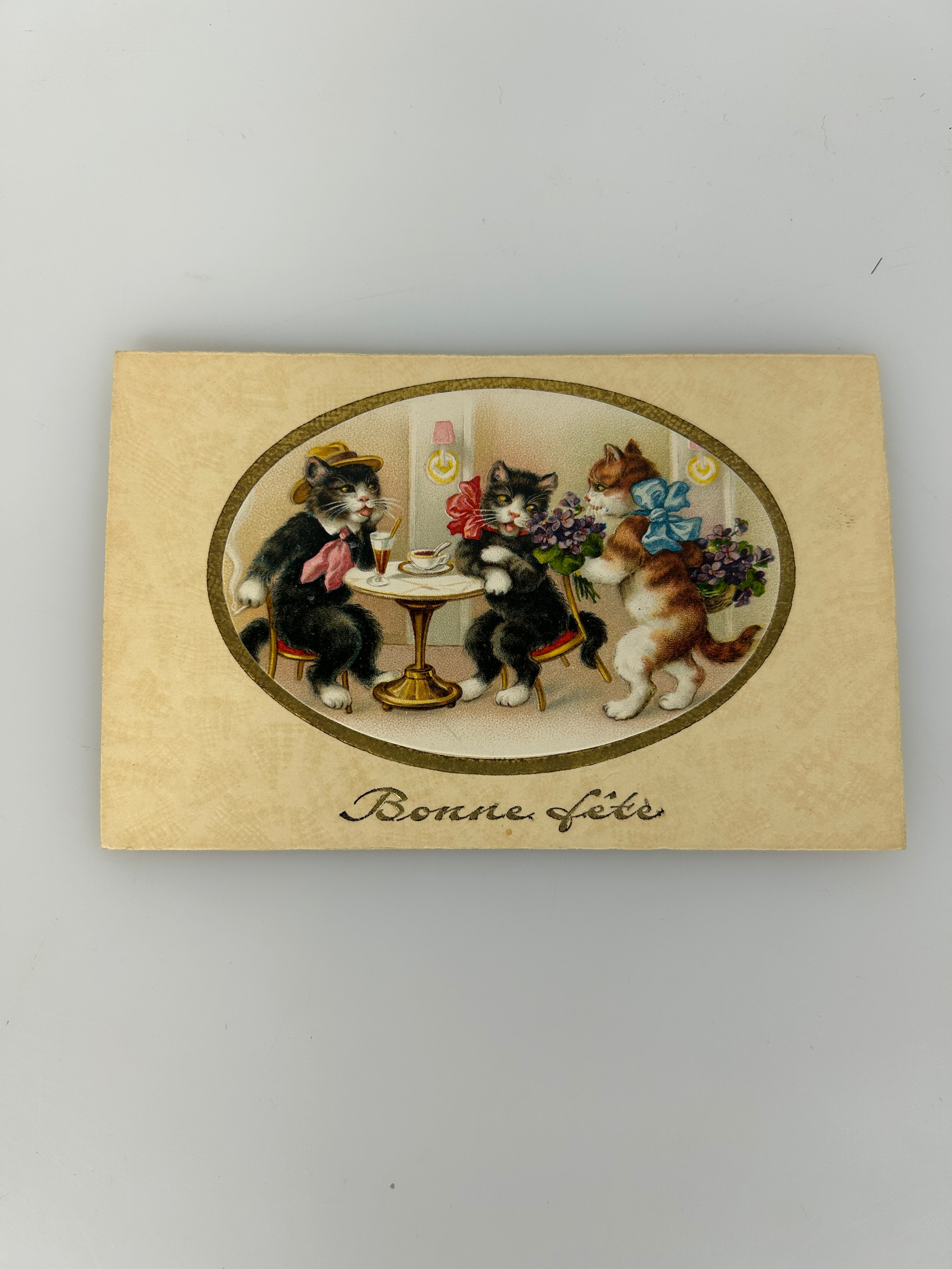 Antique Cat postcard oval vignette with gold embossing "Bonne Fete" PittiUS