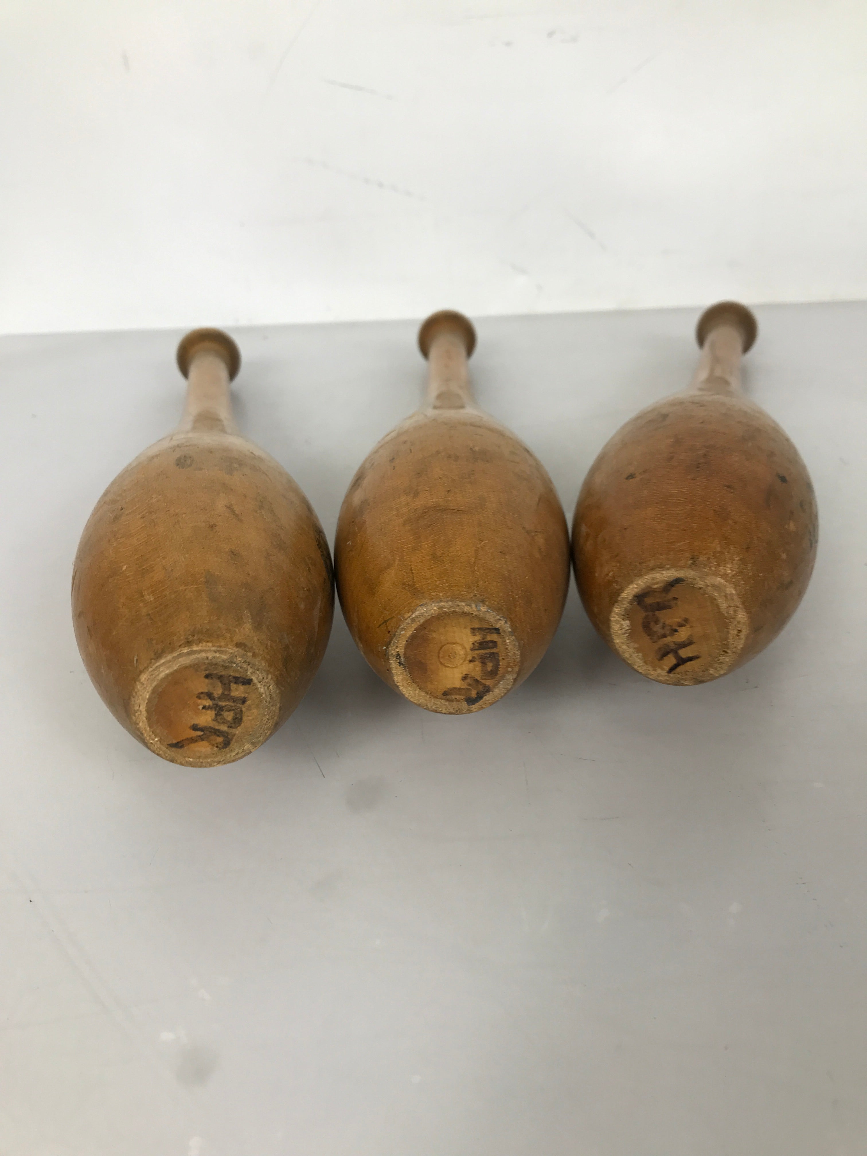 3 Antique Narragansett Machine Co 1/2 LB Wooden Juggling Pins 14.5"