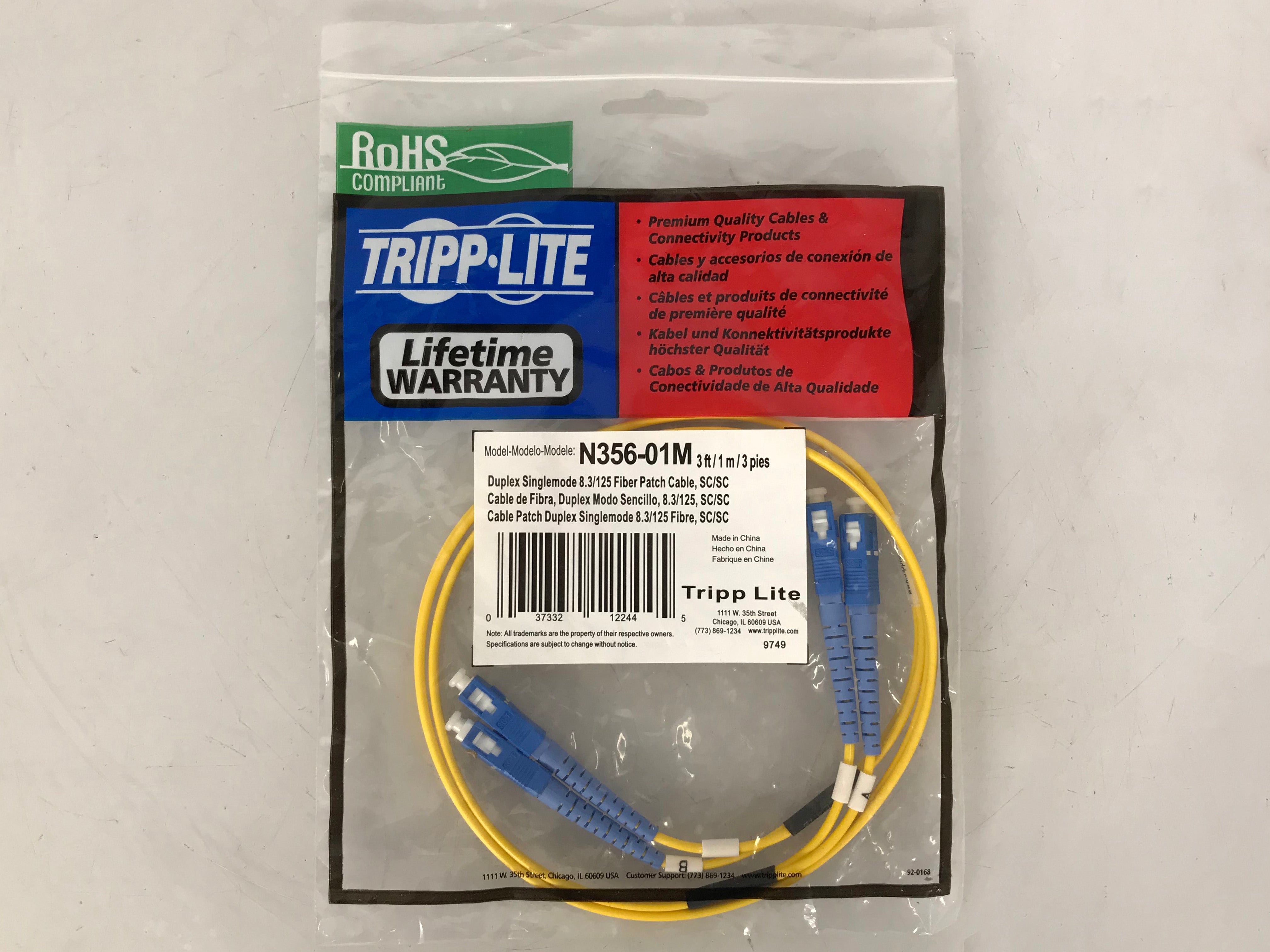Tripp Lite N356-01M 3' Duplex Singlemode 8.3/125 Fiber Patch Cable, SC/SC