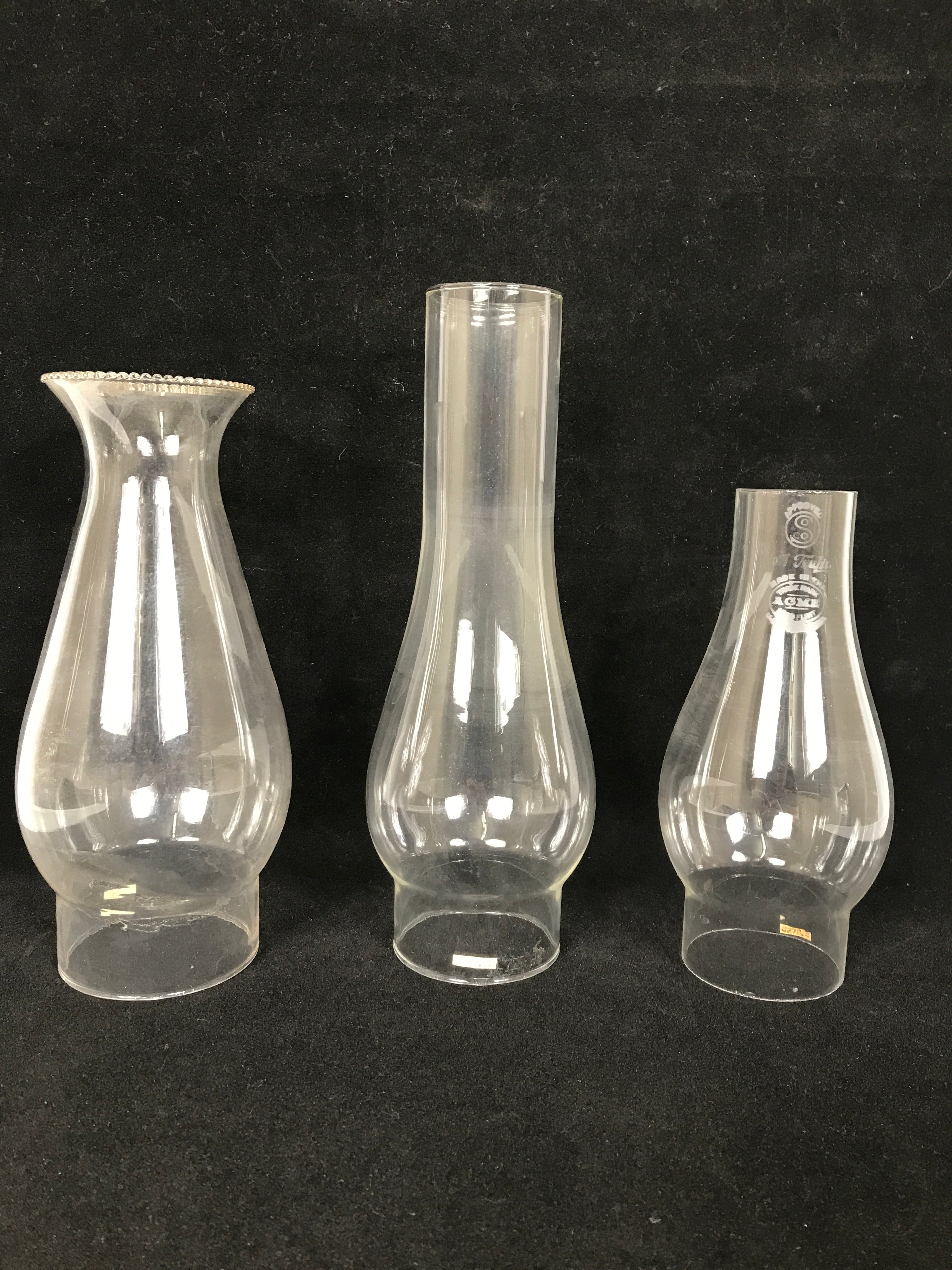 3 Antique Glass Chimneys for Oil Lamps ACME TruLite