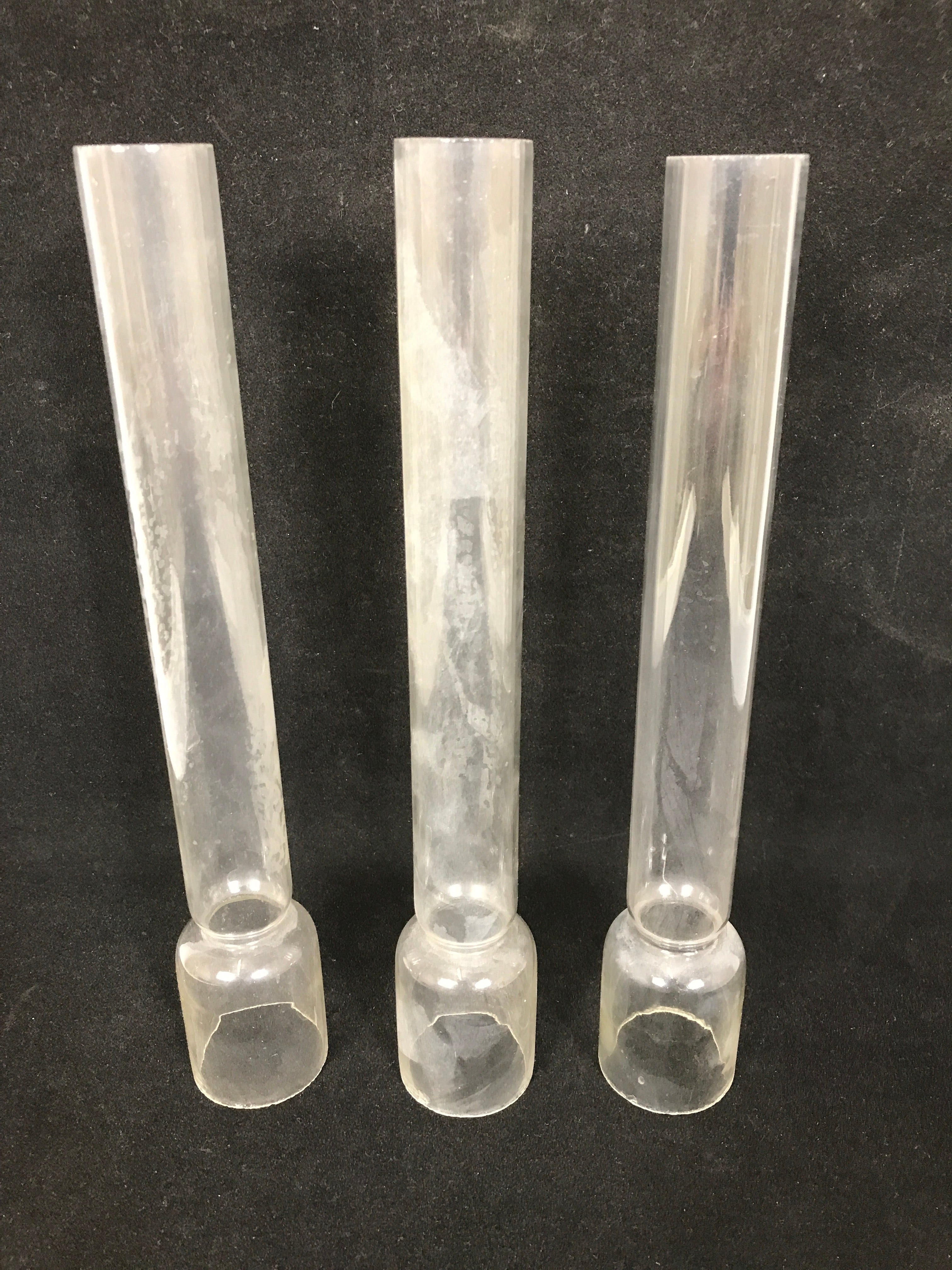 3 Matching Antique Clear Glass Chimneys for Oil Lamps 10.75"