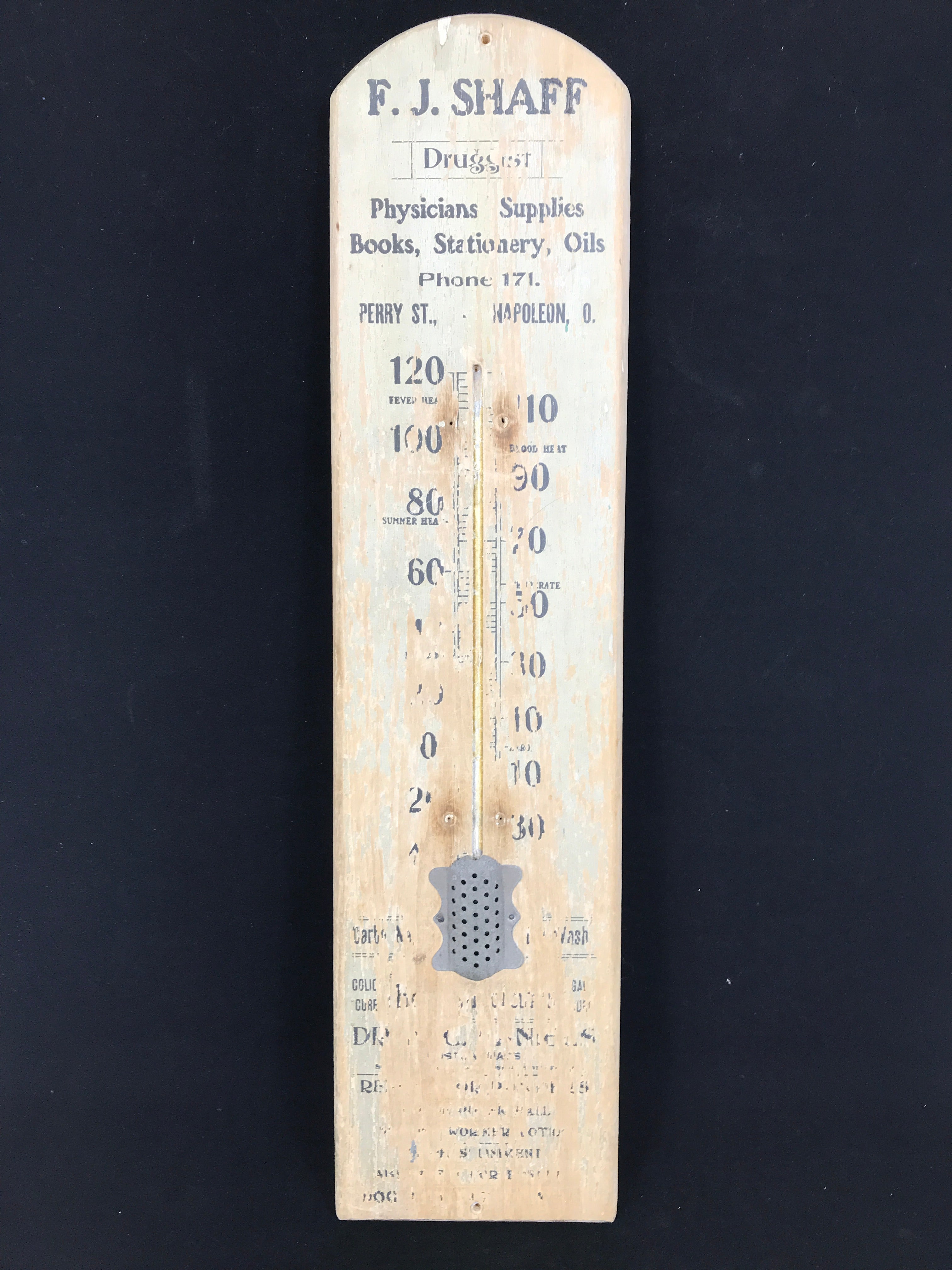 Antique Wooden Advertising Thermometer Sign F.J. Shaff Druggist Napoleon Ohio