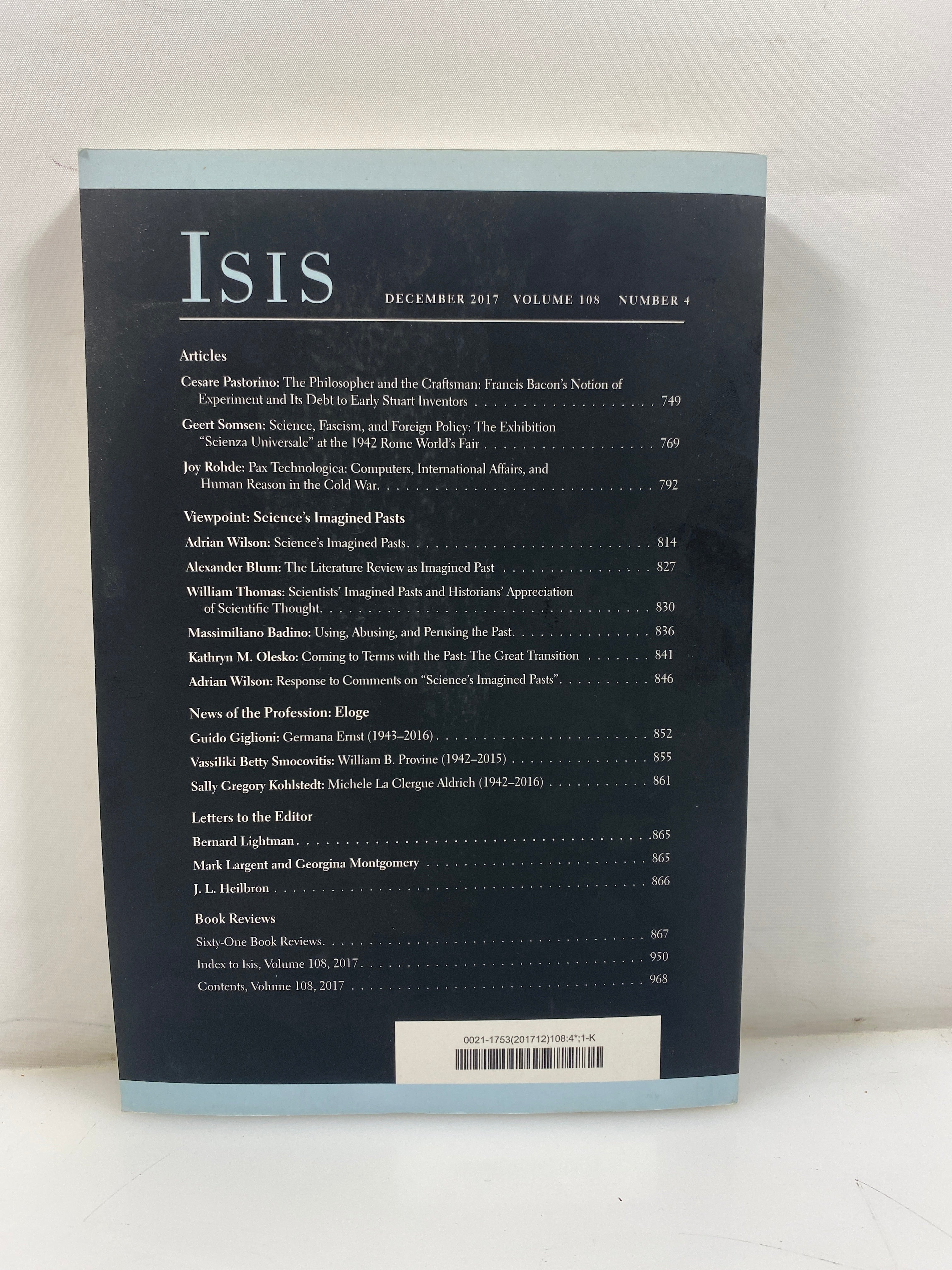 Isis Volume 108, Number 4, Dec. 2017 Chicago Press SC