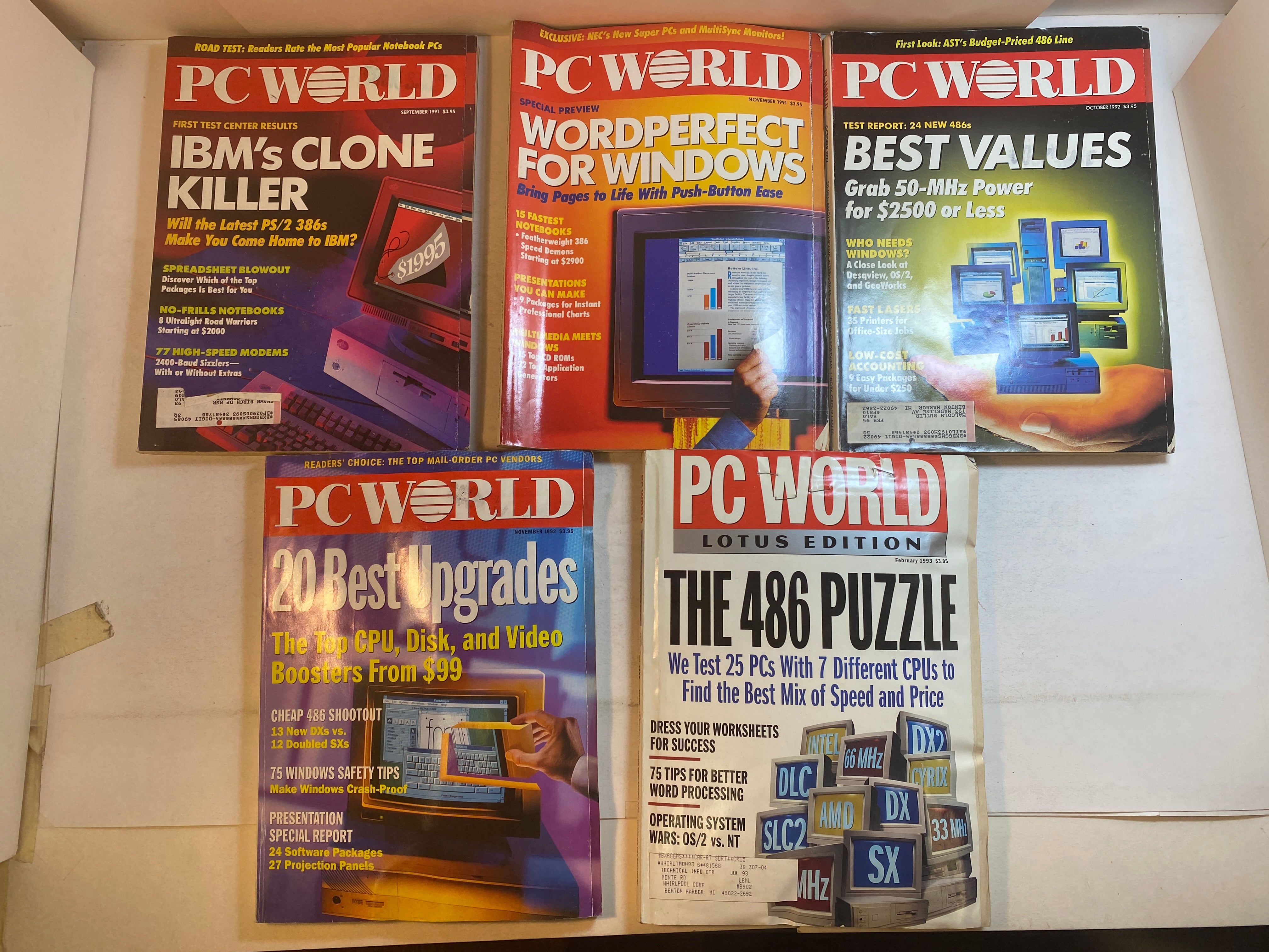 Lot of 5 Vintage PC World Magazine 1991-1993