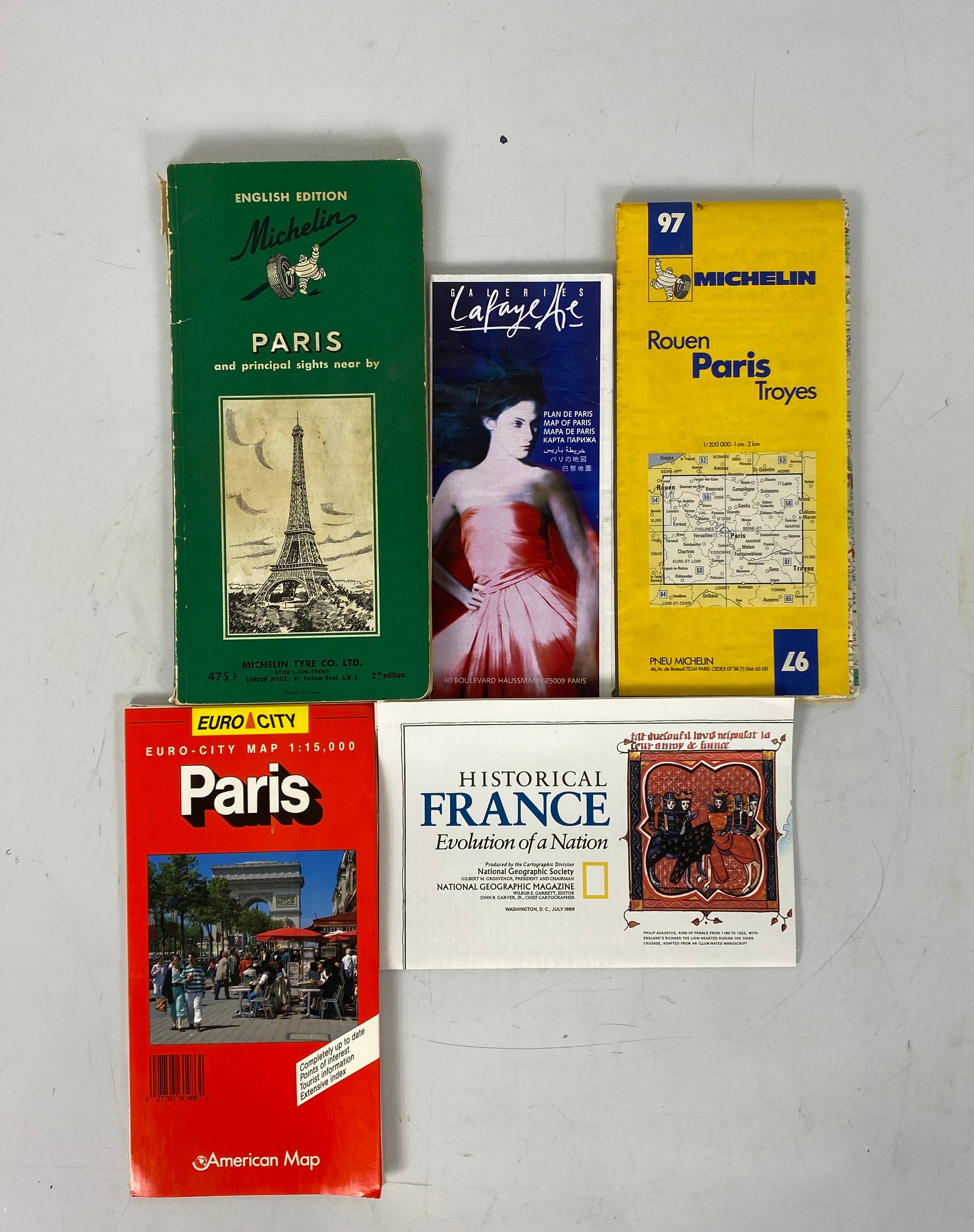 Lot of Paris France Maps incl 1958 Michelin Guide/Euro City/Galeries Lafayette