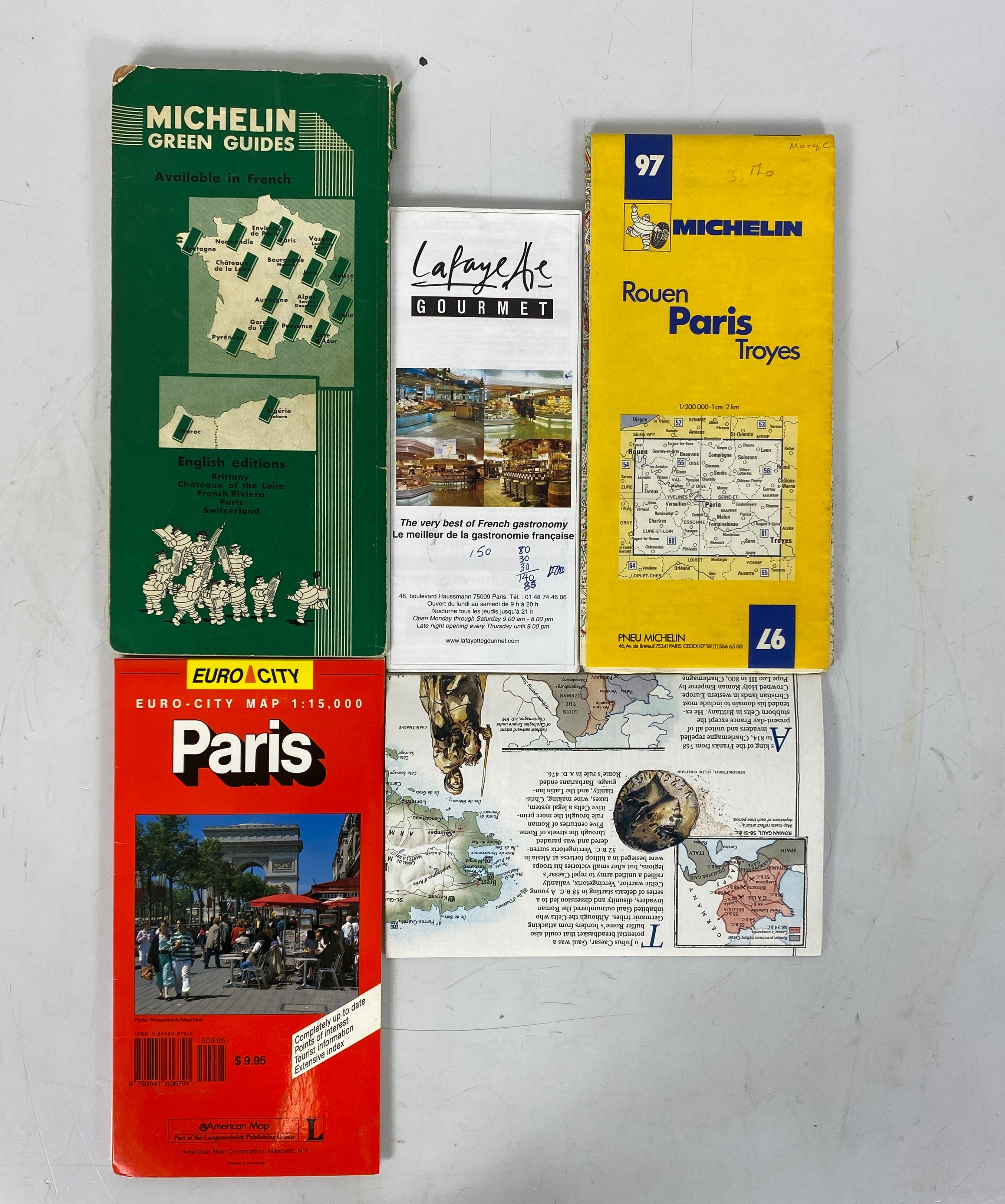 Lot of Paris France Maps incl 1958 Michelin Guide/Euro City/Galeries Lafayette