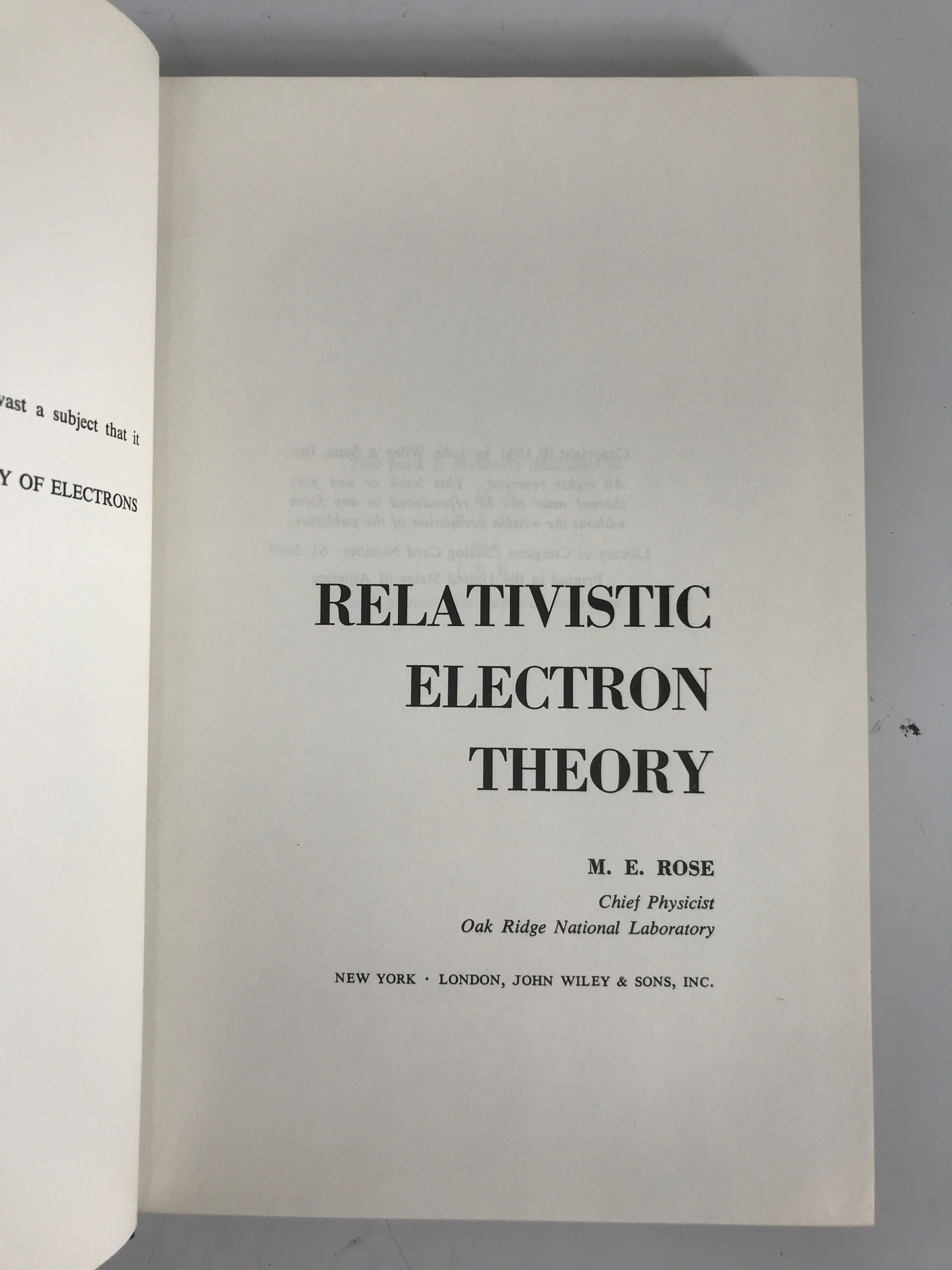 Relativistic Electron Theory by Rose 1961 HC John Wiley & Sons