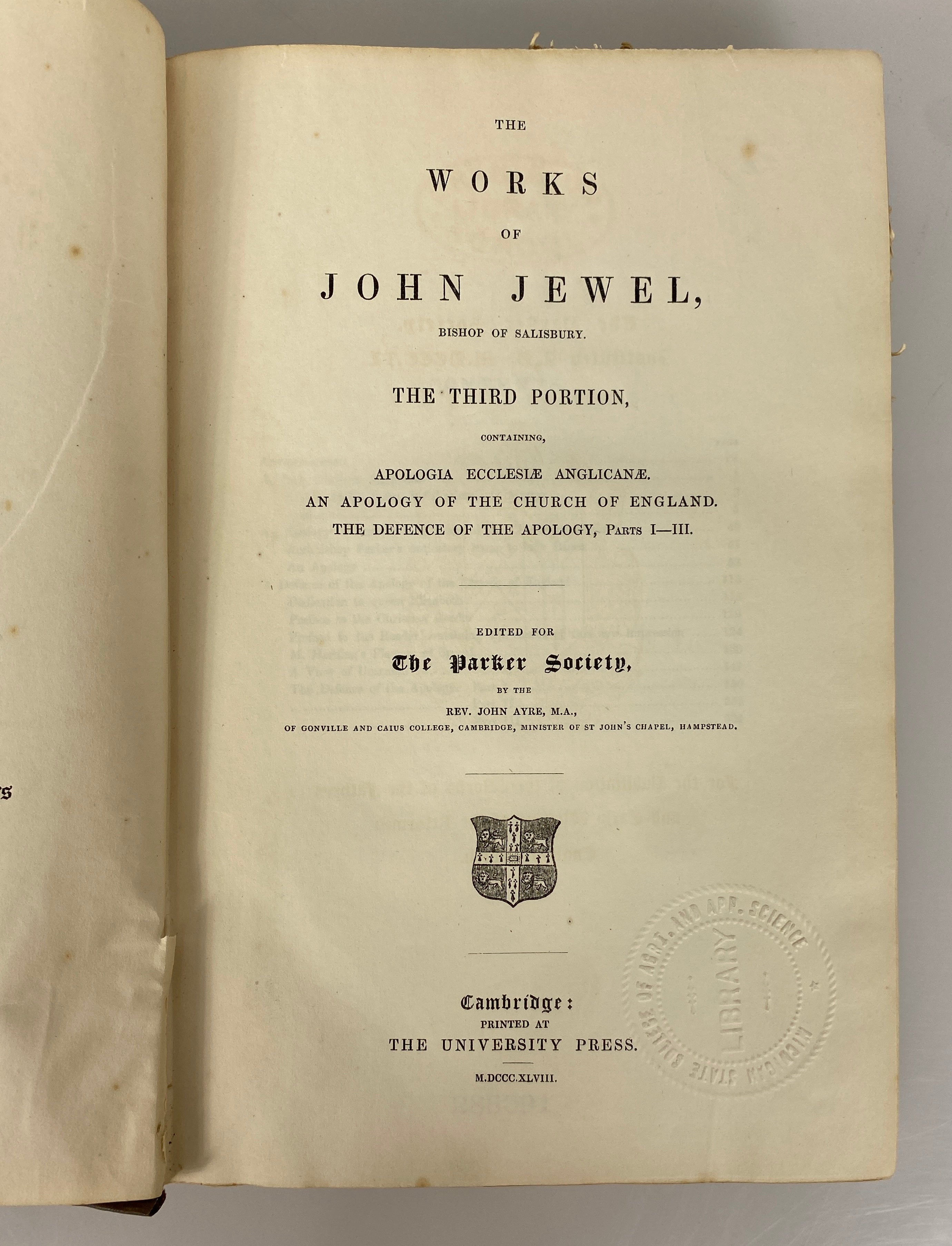 2 Vols The Works of John Jewel 3rd & 4th Portions 1848-50 Ex-Library Leather HC