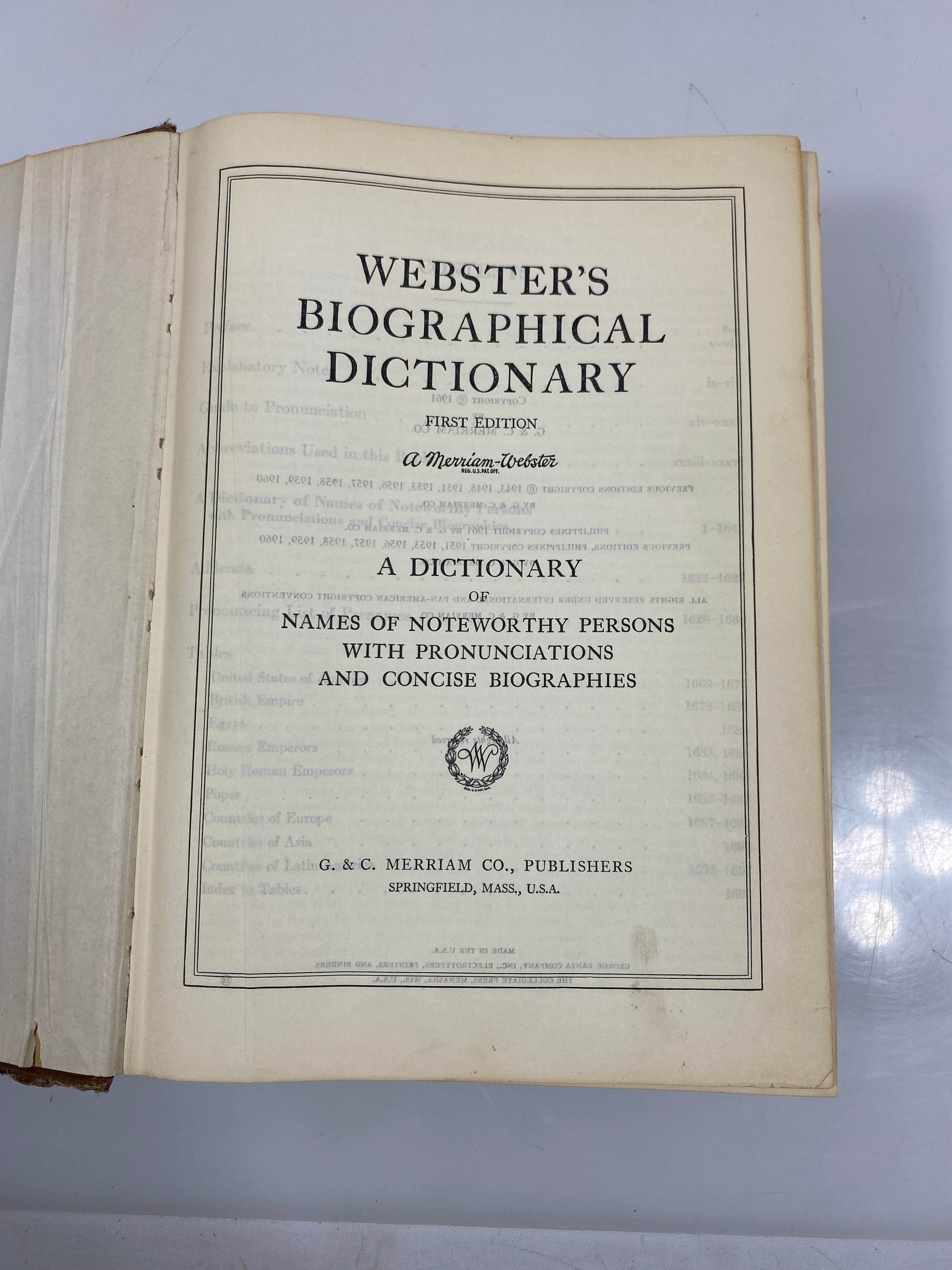 Webster's Biographical Dictionary 1961 HC