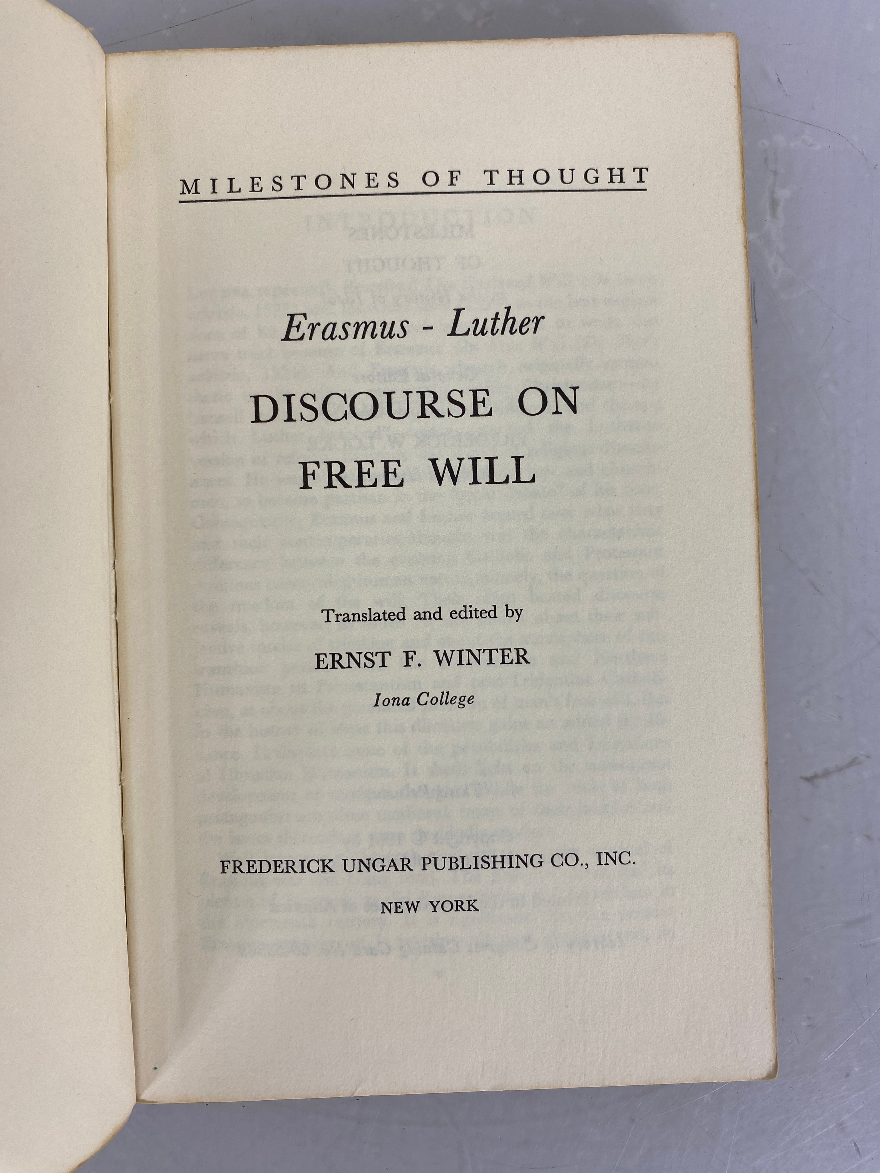 Discourse on Free Will Erasmus-Luther Translated by Ernst Winter 1961 SC