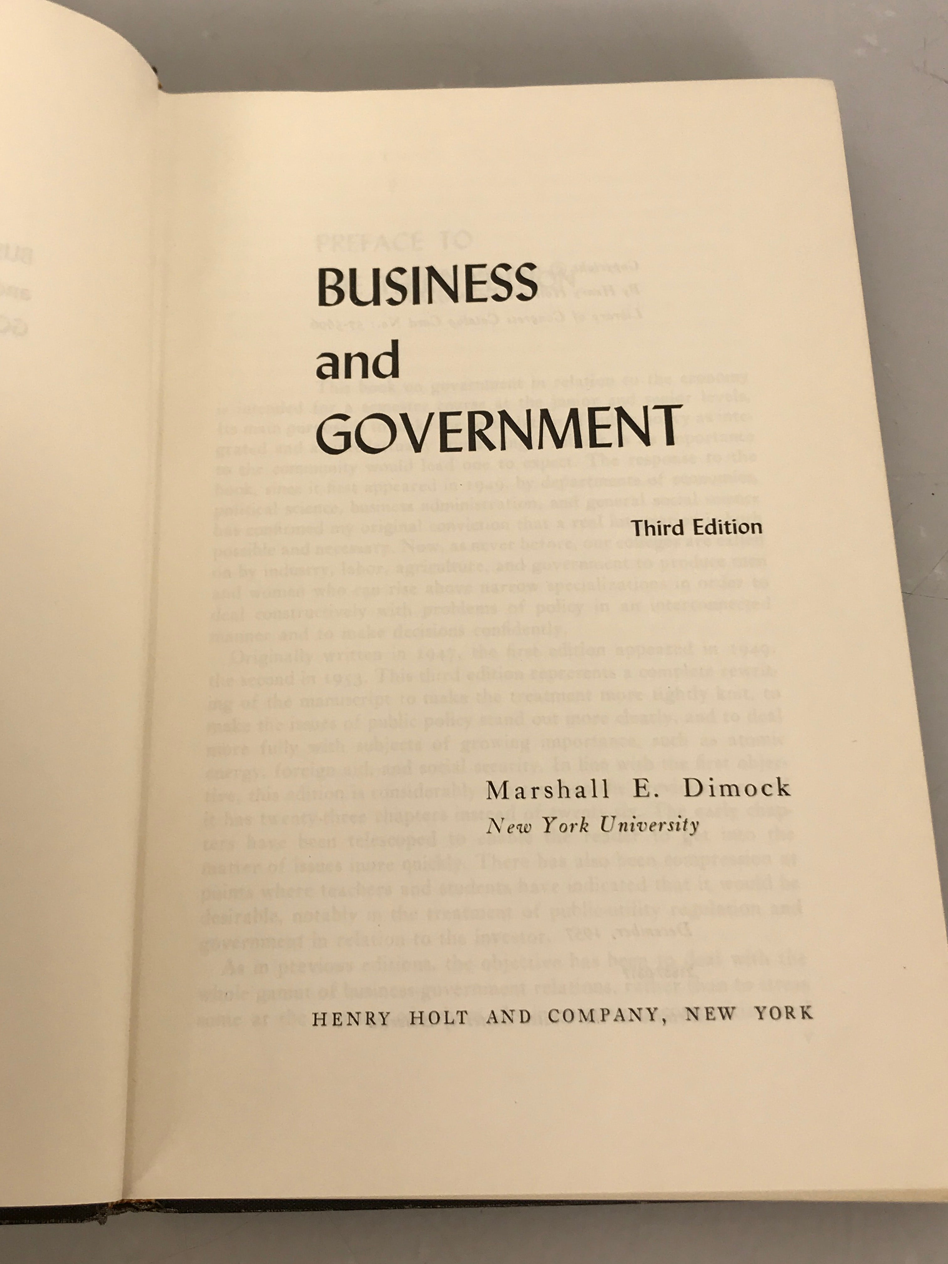 Business and Government by Marshall Dimock Third Edition 1957 HC