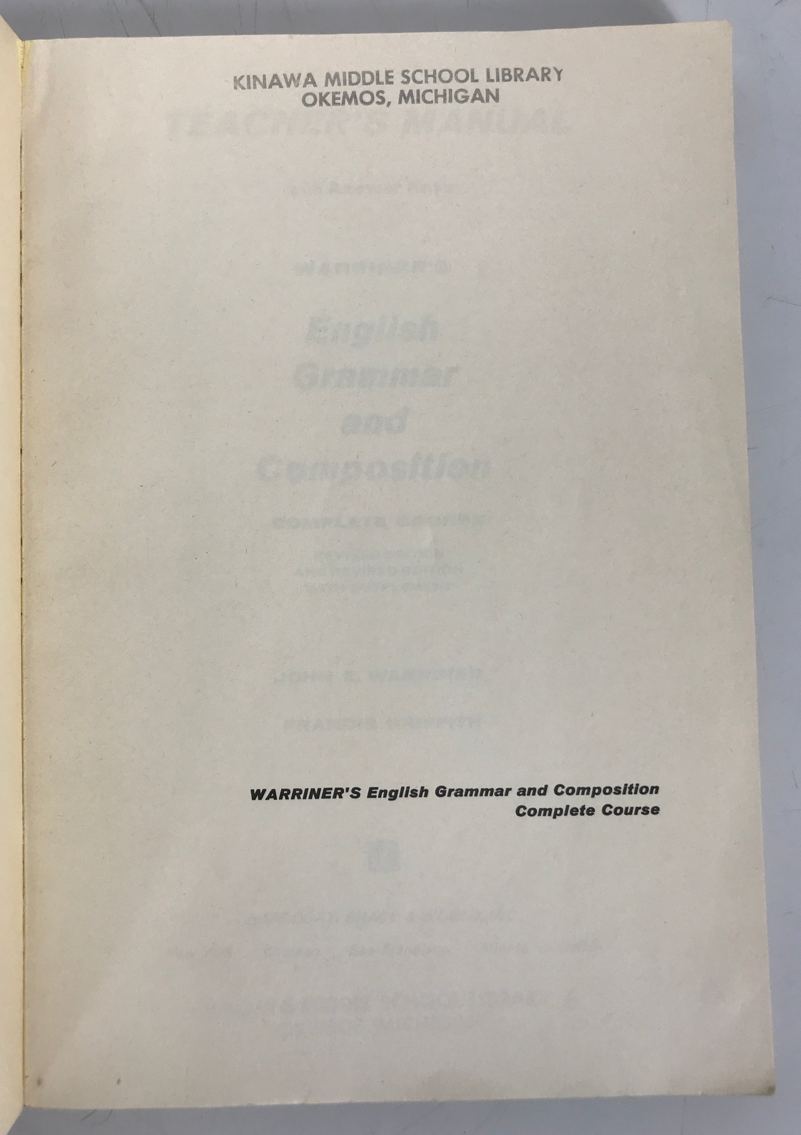 Warriner's English Grammar & Composition Teacher's Manual 1969 SC Ex-Library