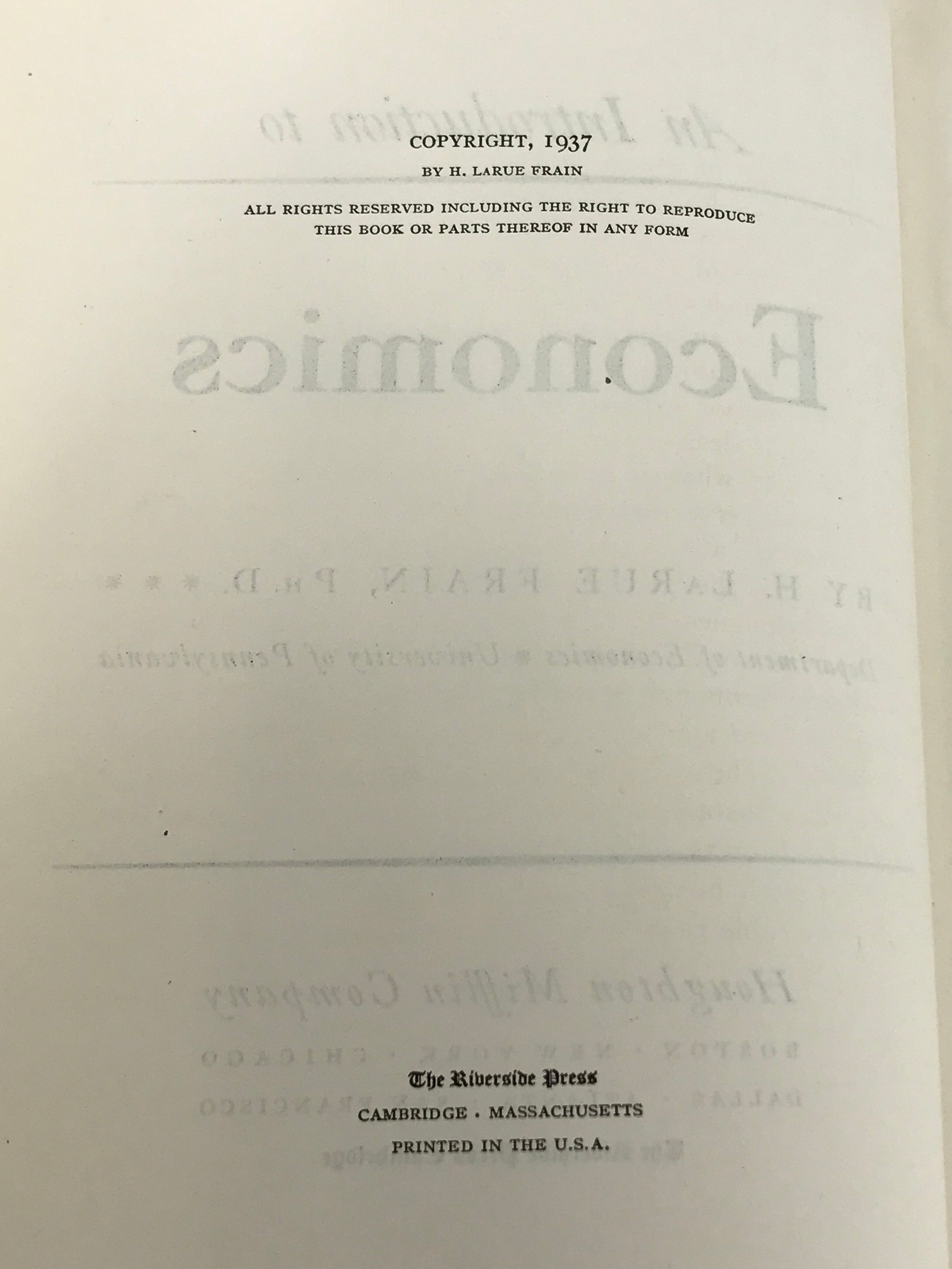 Vintage An Introduction to Economics by H. LaRue Frain 1937 HC