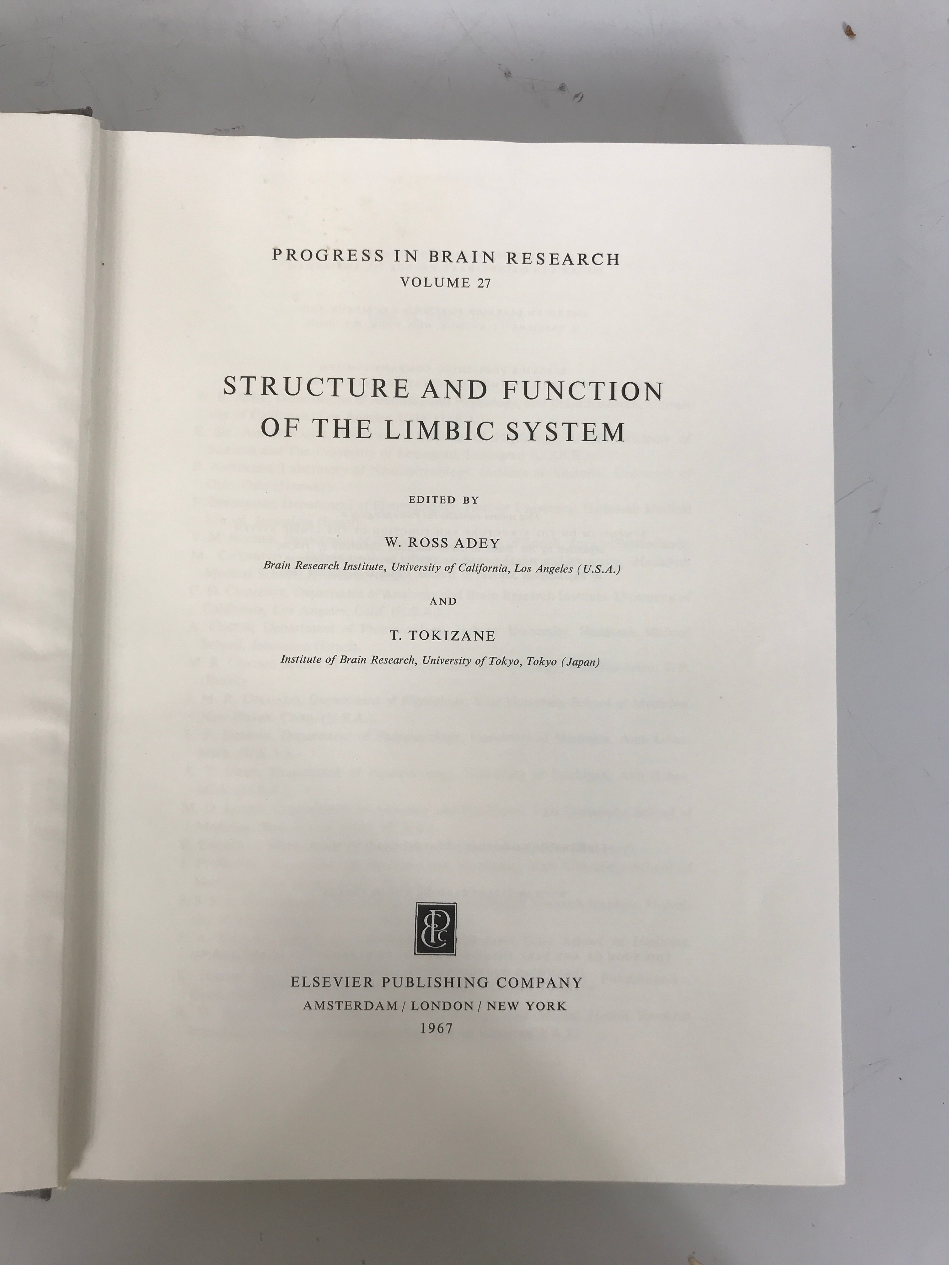 Structure and Function of the Limbic System Adey/Tokizane 1967 HC Ex-Library