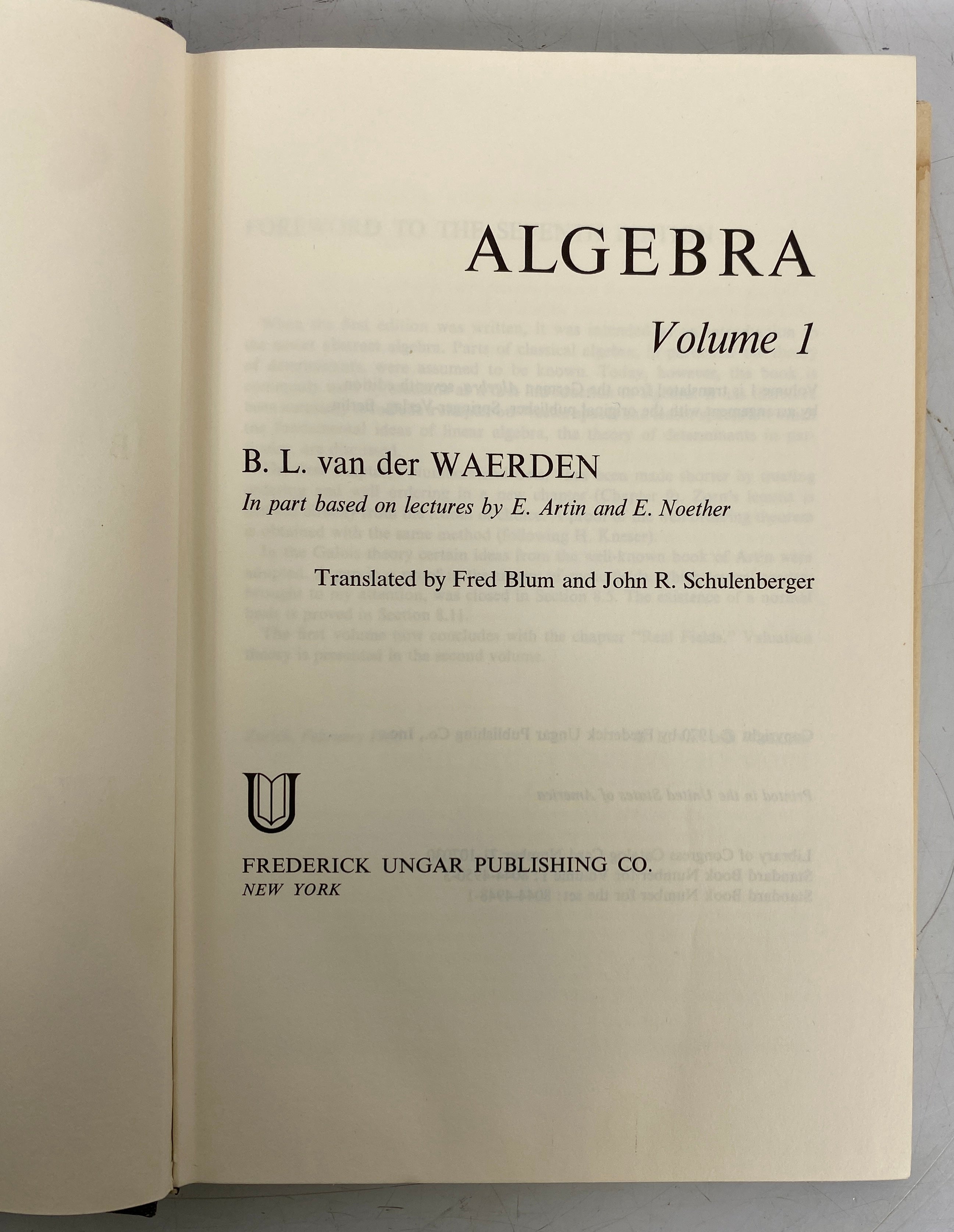 Lot of 2: Algebra (Lang)/Algebra Vol 1 (Van Der Waerden) 1965-70 HC