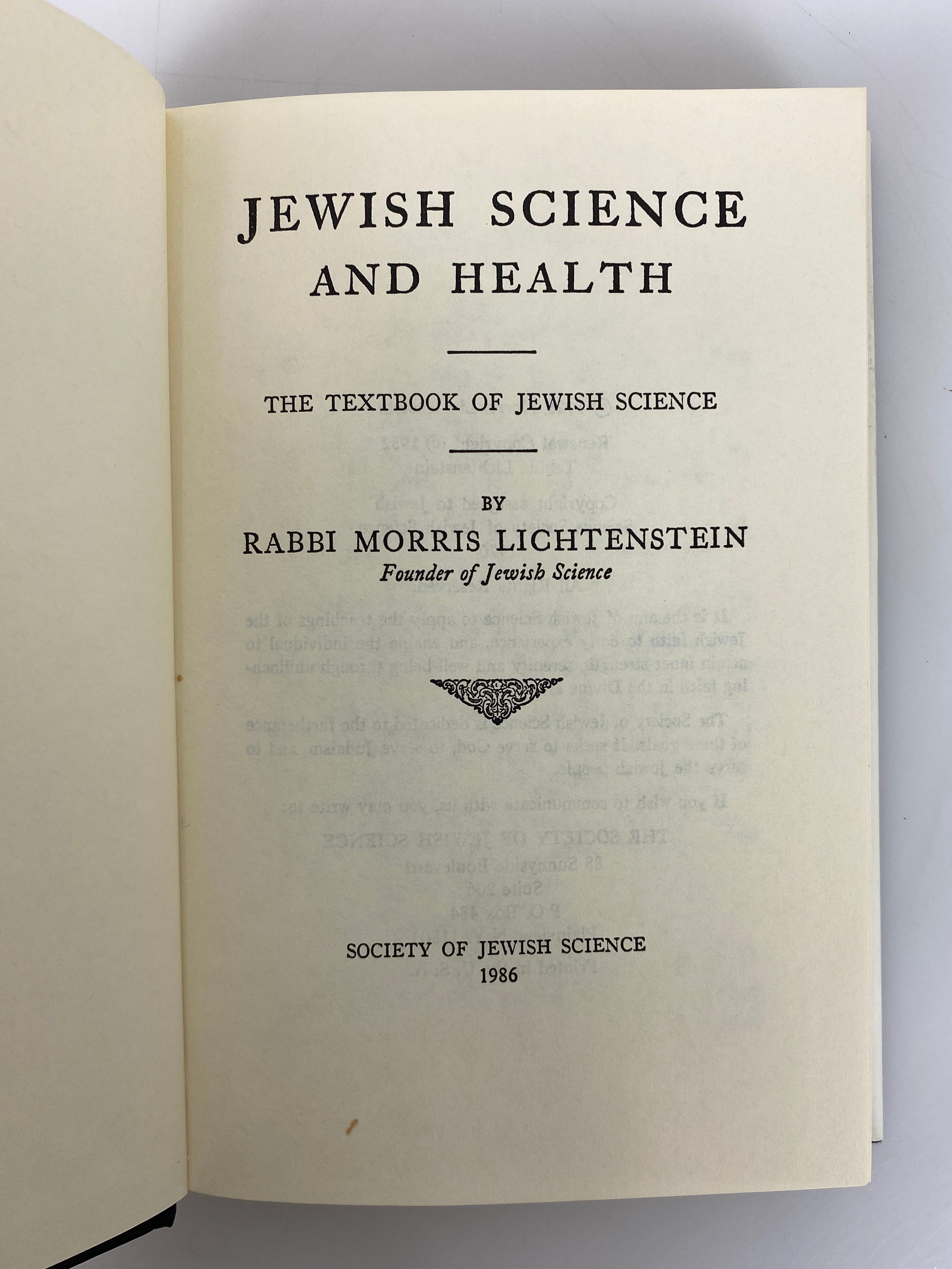 Jewish Science and Health by Lichtenstein 1986 Society of Jewish Science HCDJ