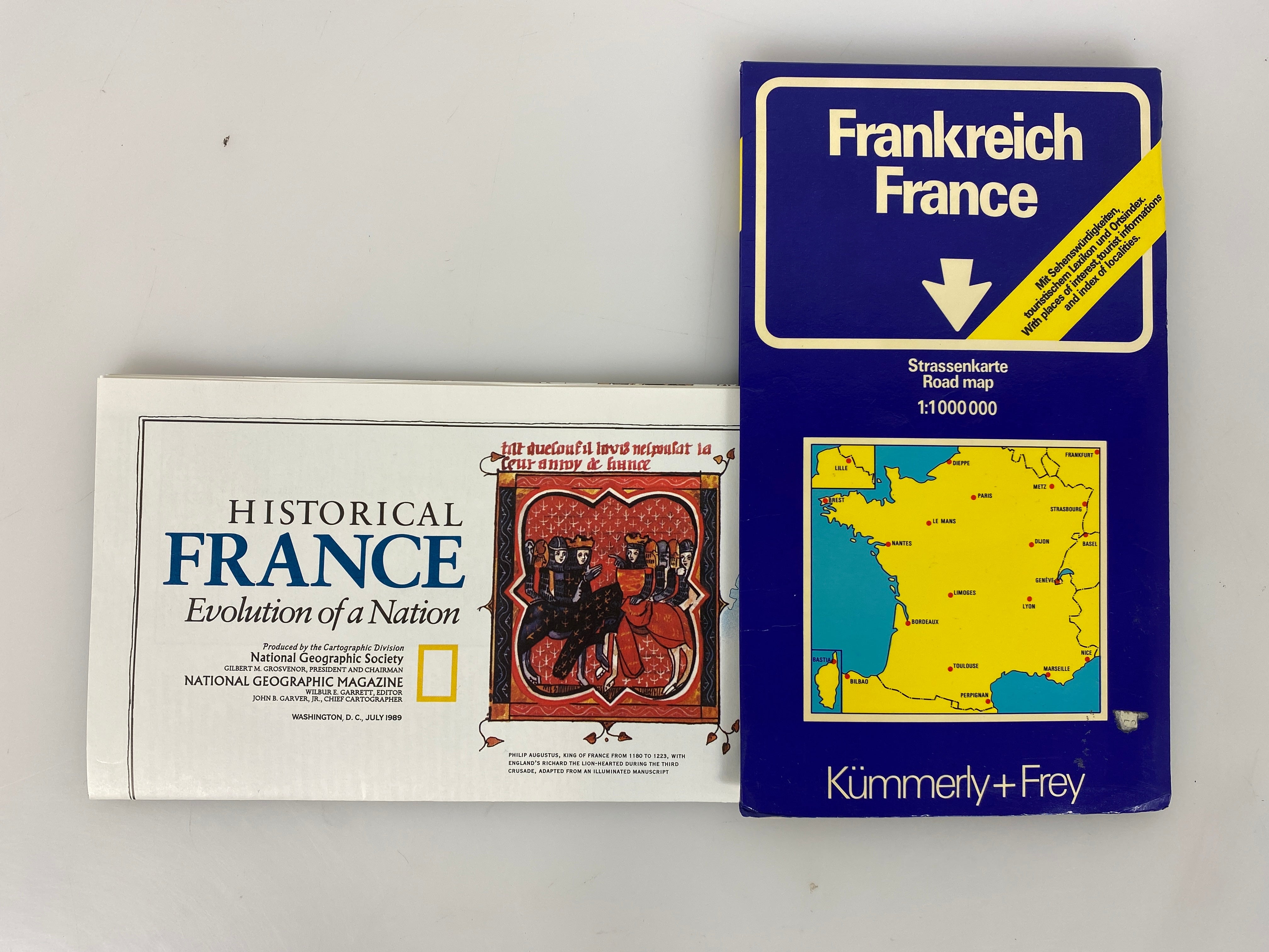 2 Maps: Nat Geo Historical France (1989)/Kummerly & Fey Frankreich Map (c1972)