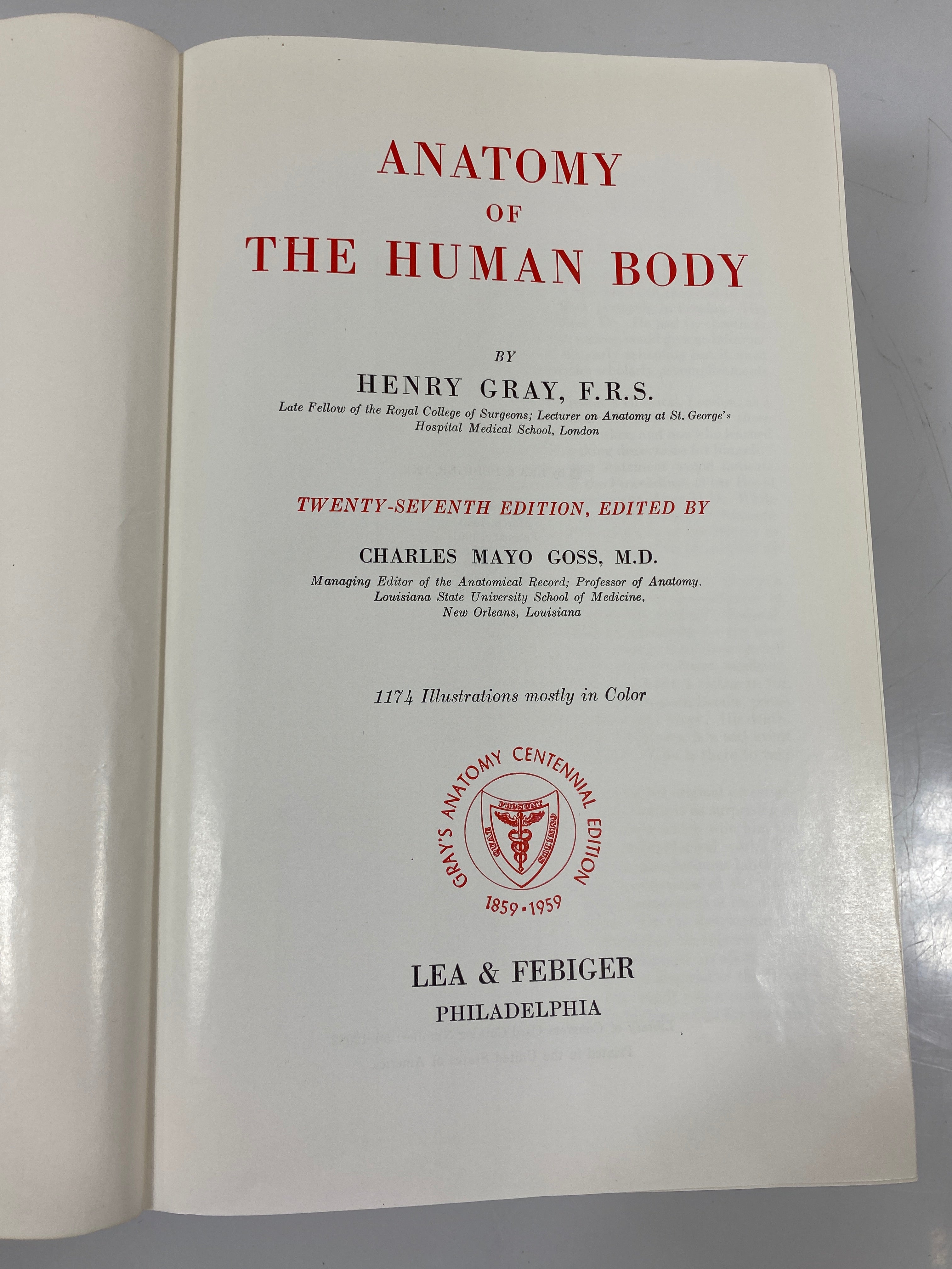 Anatomy of the Human Body by Gray Centennial Edition Lea & Febiger 1959 HC