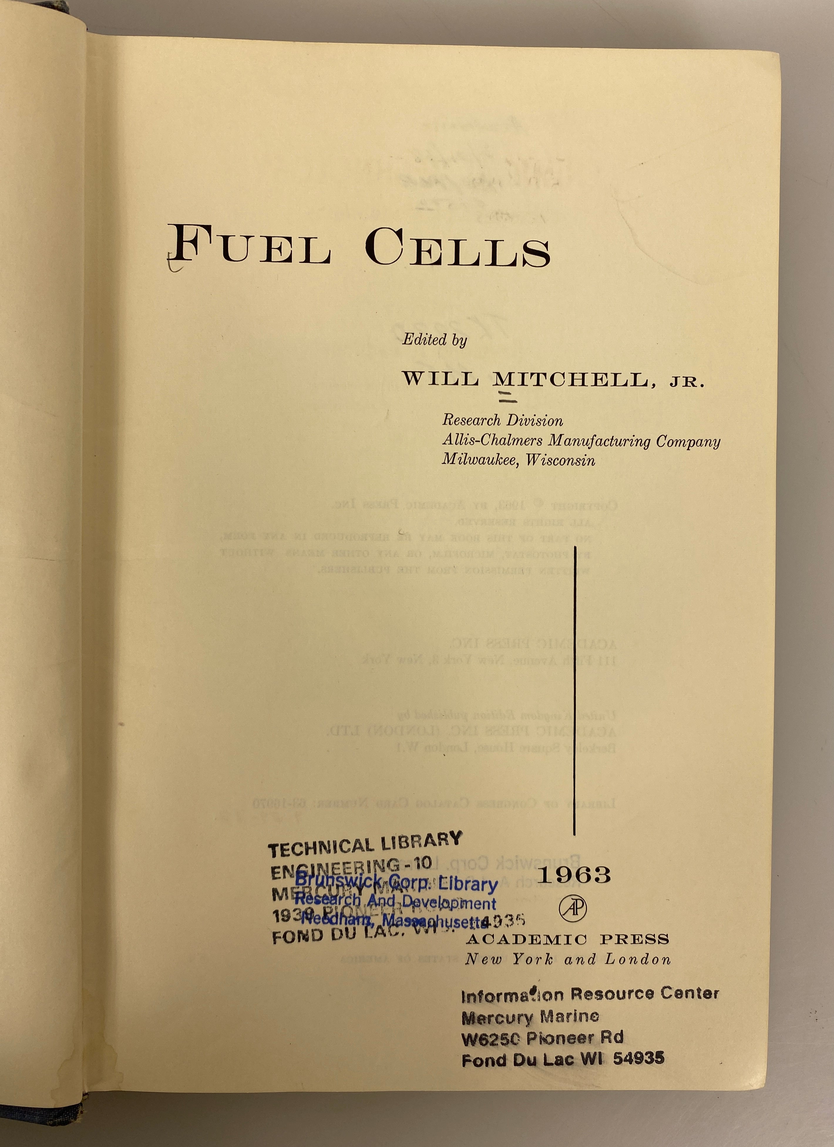 Fuel Cells by Will Mitchell 1963 Chemical Technology Vol I Ex-Library HC