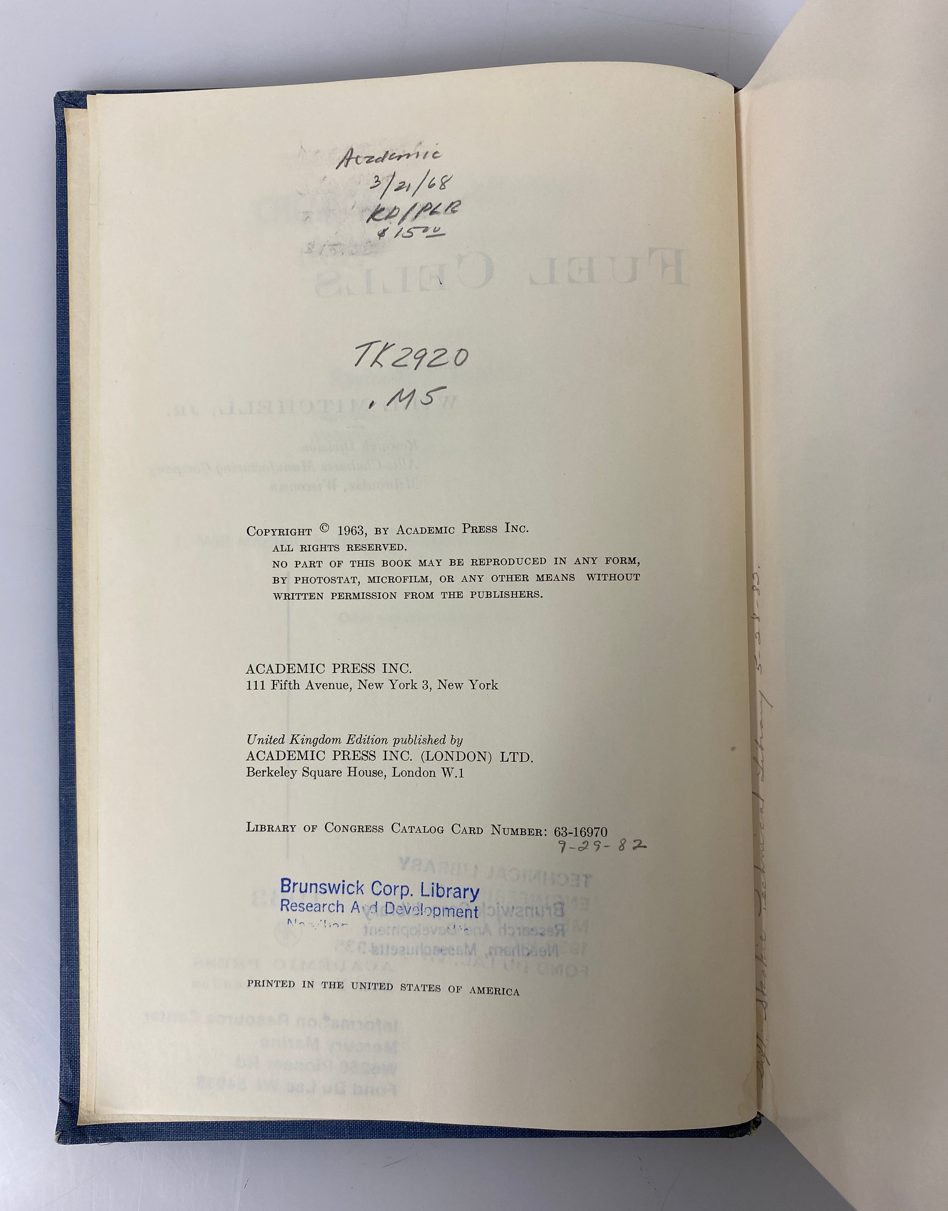 Fuel Cells by Will Mitchell 1963 Chemical Technology Vol I Ex-Library HC