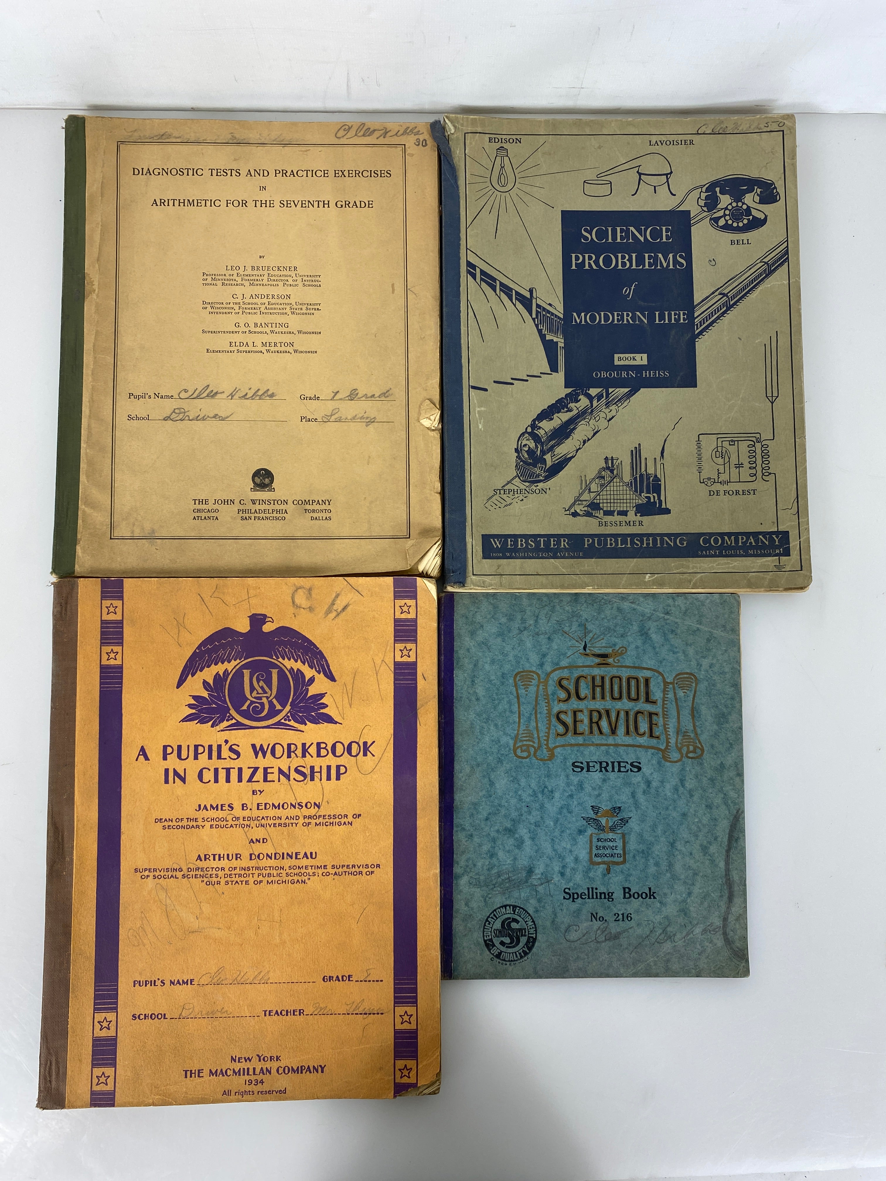 4 Vintage School Workbooks Science/Arithmetic/Citizenship/Spelling 1929-1934 SC
