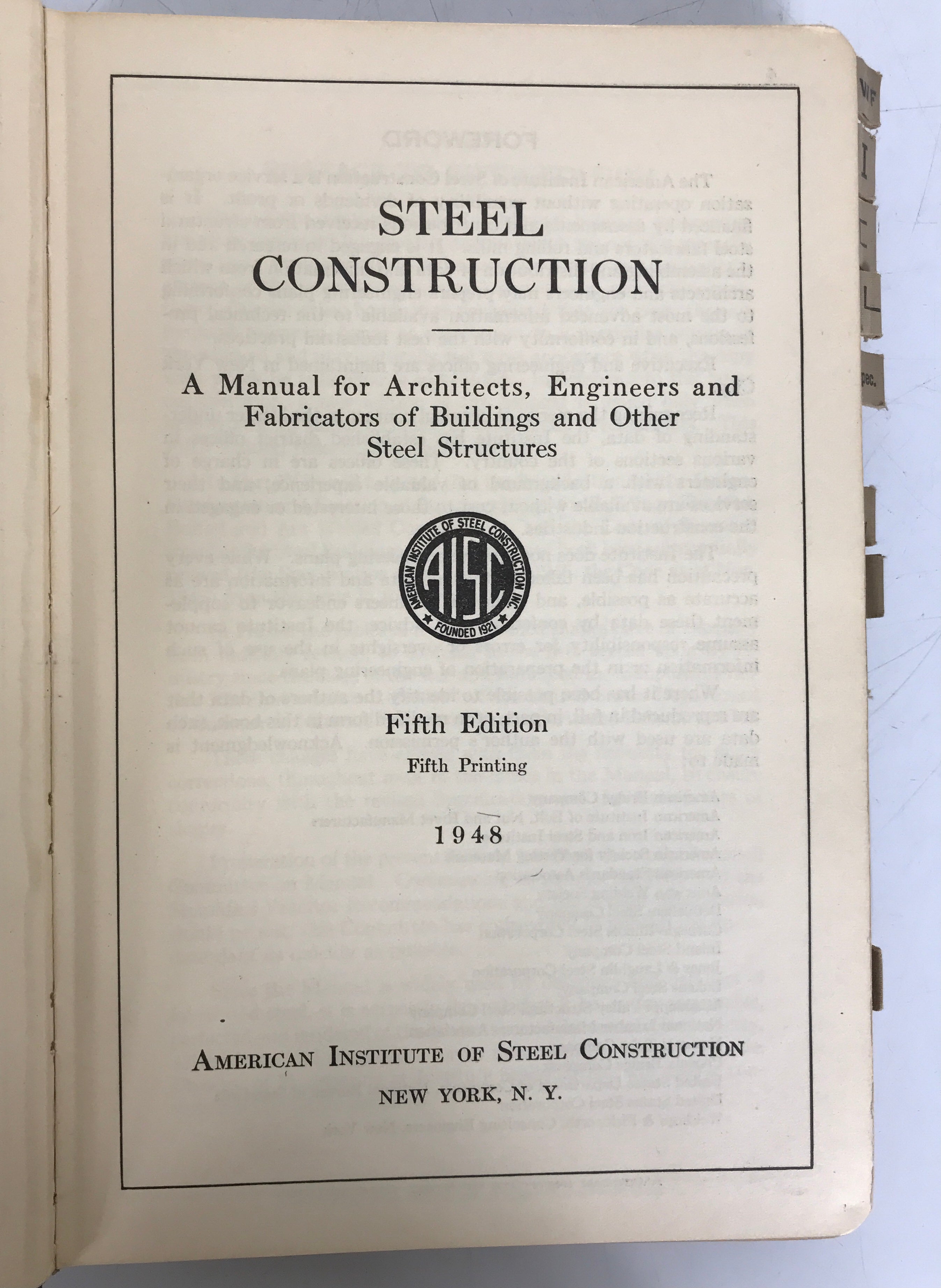 Steel Construction 1948 5th Ed SC Thumb Tabs