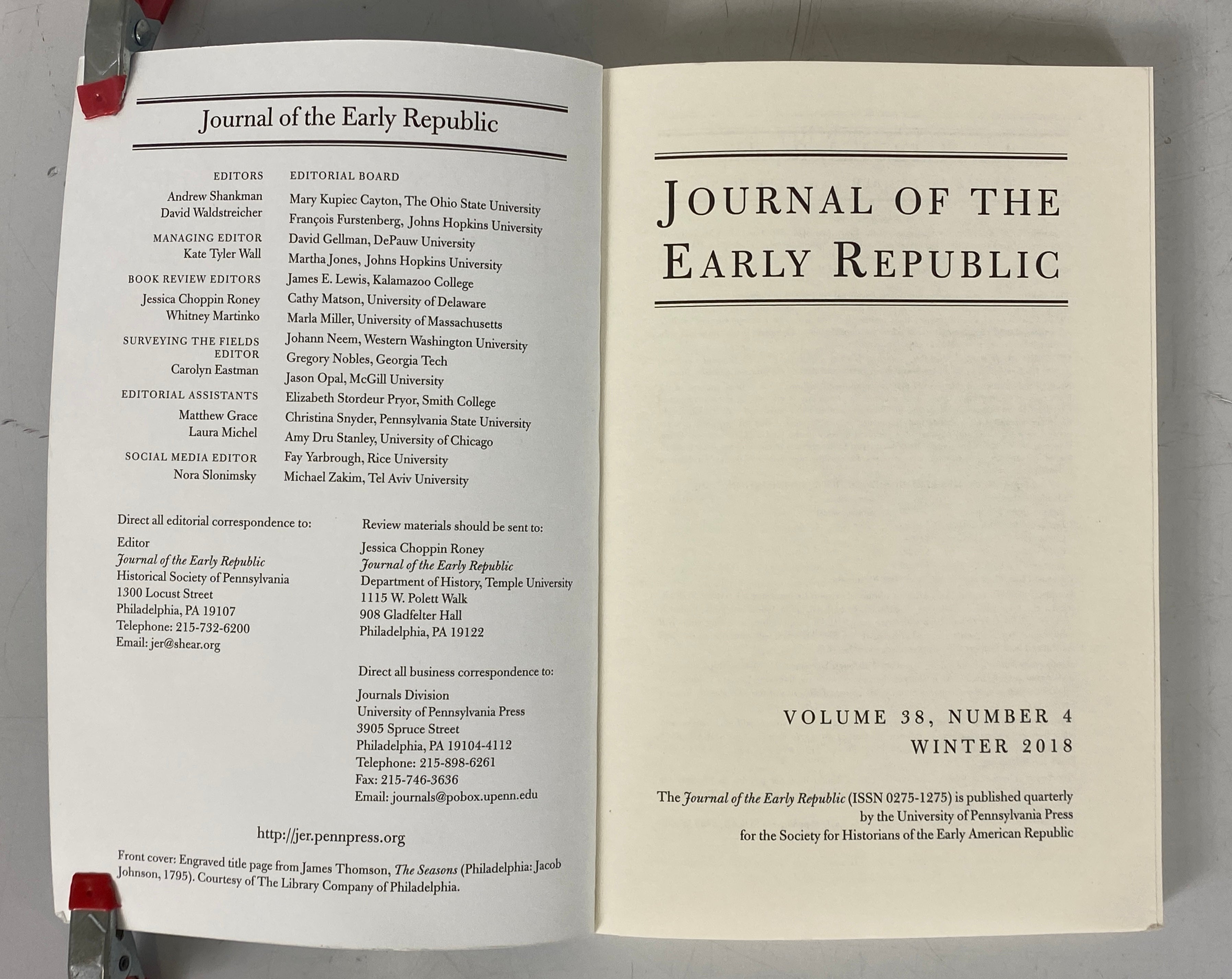 Lot of 4 Journal of the Early Republic Volume 38 2018 Number 1-4 SC