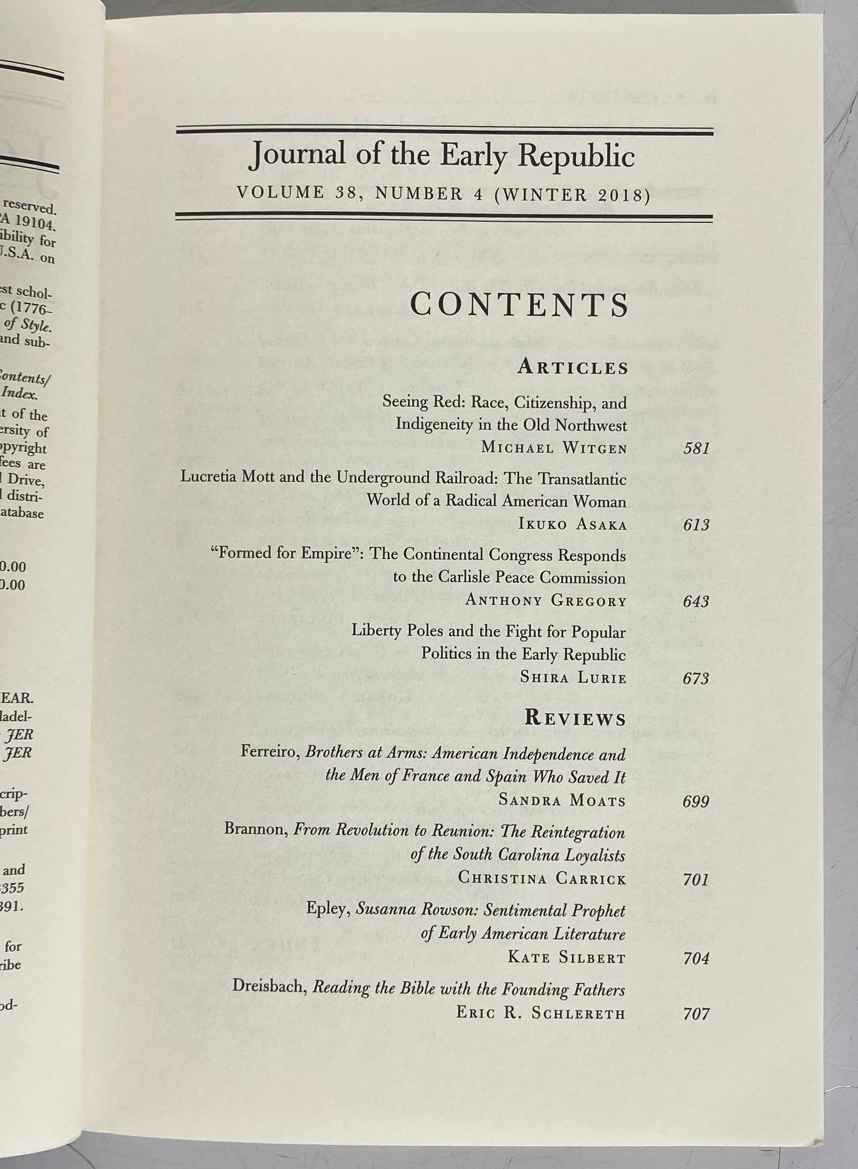 Lot of 4 Journal of the Early Republic Volume 38 2018 Number 1-4 SC