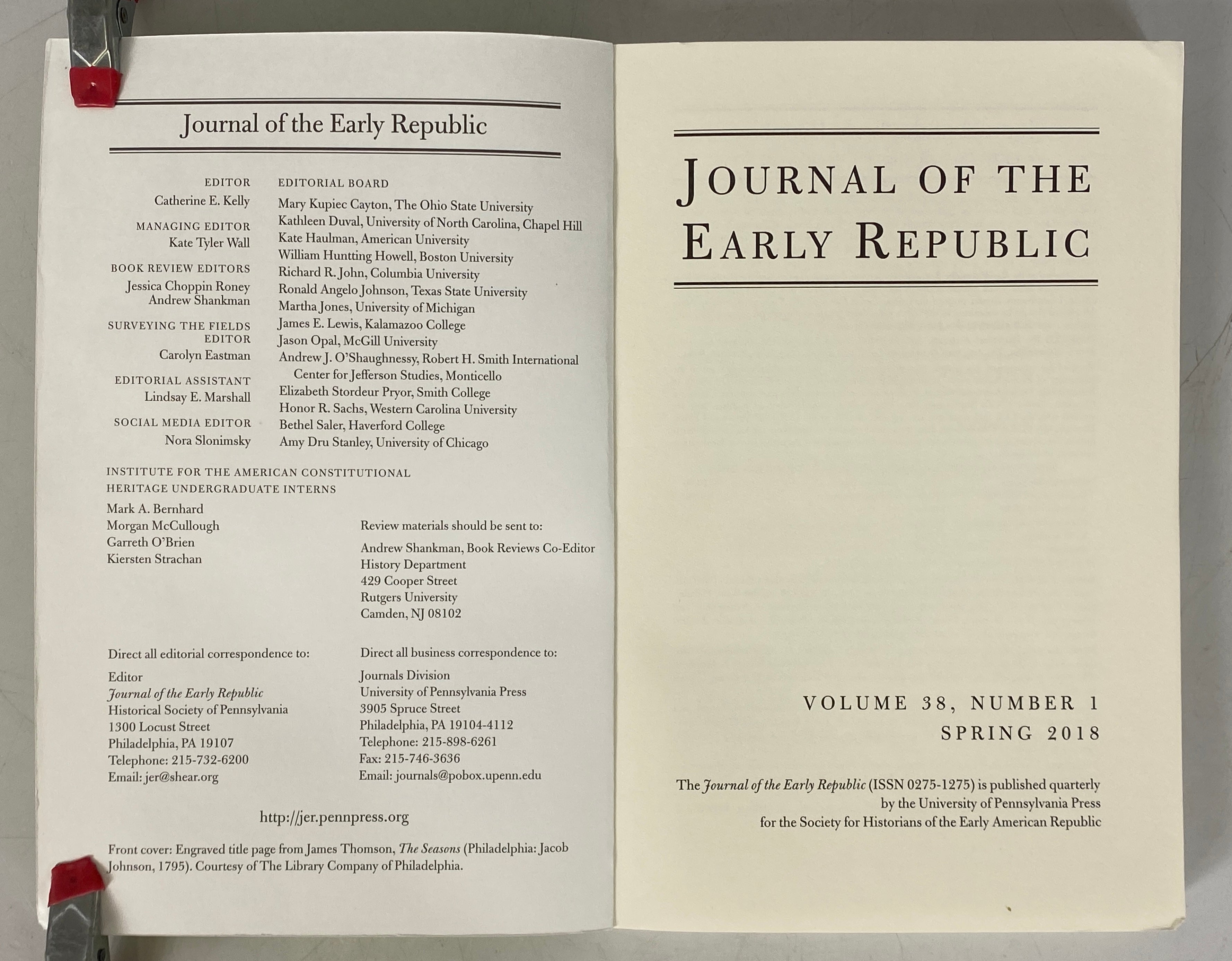 Lot of 4 Journal of the Early Republic Volume 38 2018 Number 1-4 SC