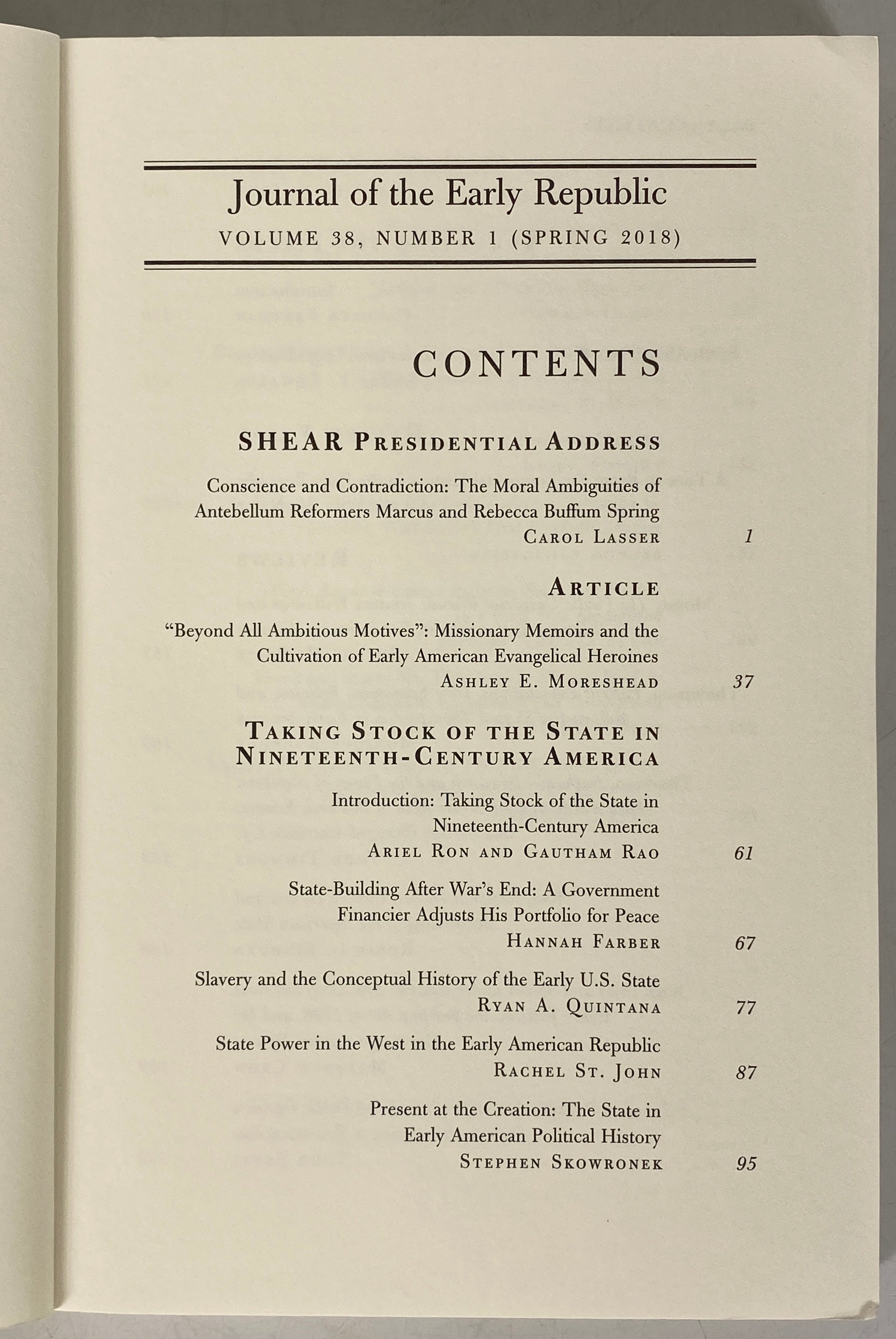 Lot of 4 Journal of the Early Republic Volume 38 2018 Number 1-4 SC