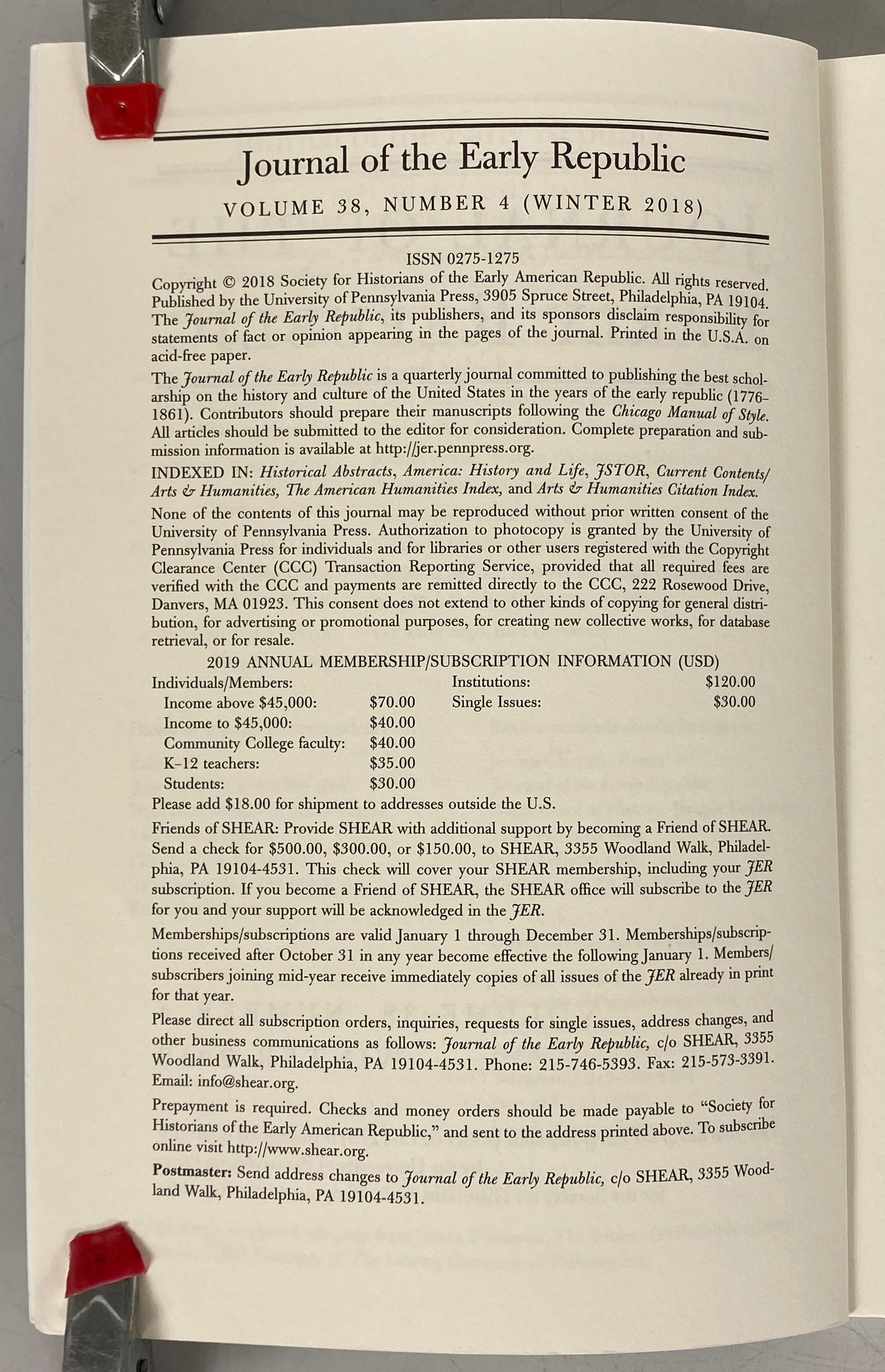 Lot of 4 Journal of the Early Republic Volume 38 2018 Number 1-4 SC