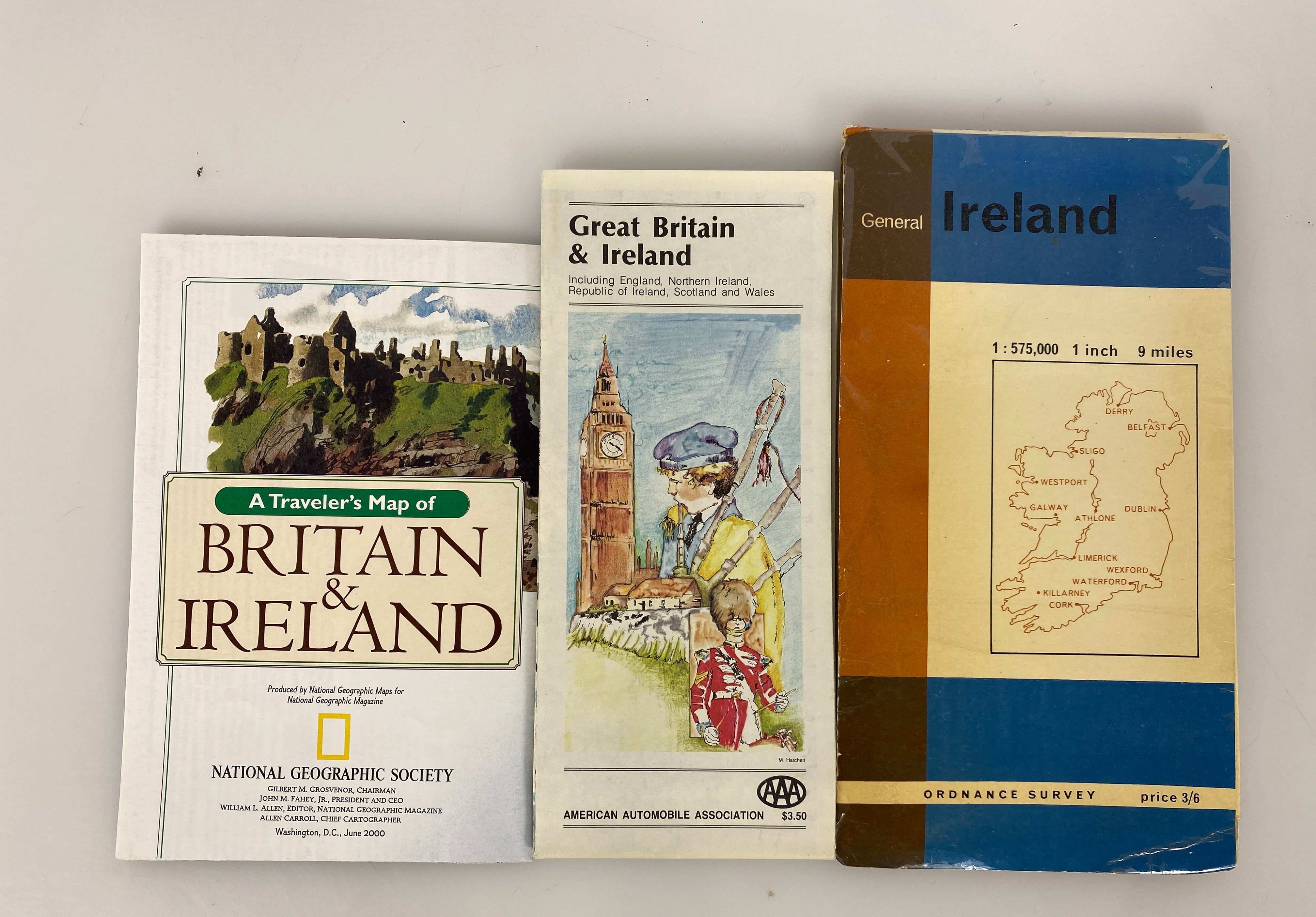 Lot of 3 Maps: Ireland Ordnance Survery/AAA & Nat Geo Britain and Ireland