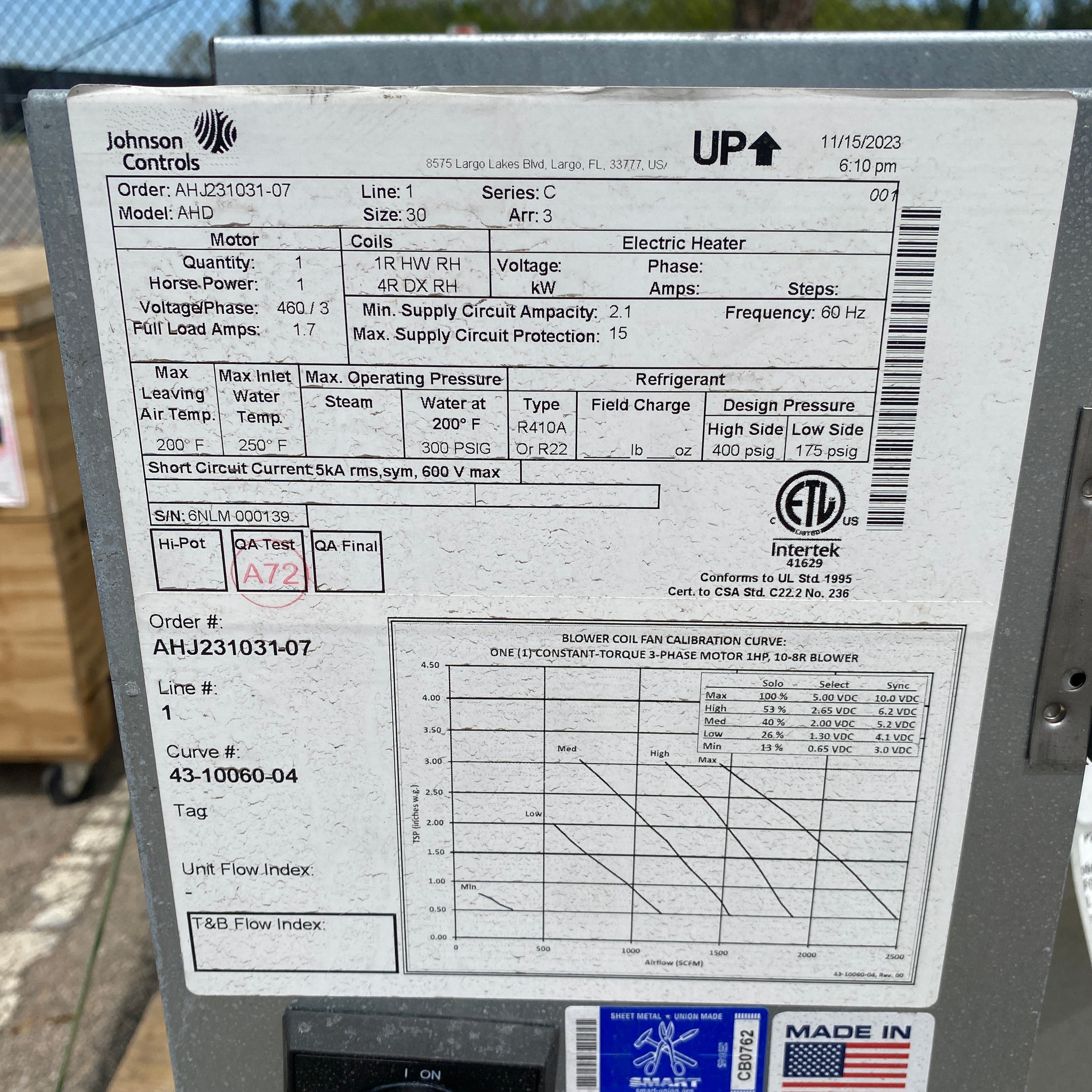 Johnson Controls #AHD Direct Drive Blower Coil Unit