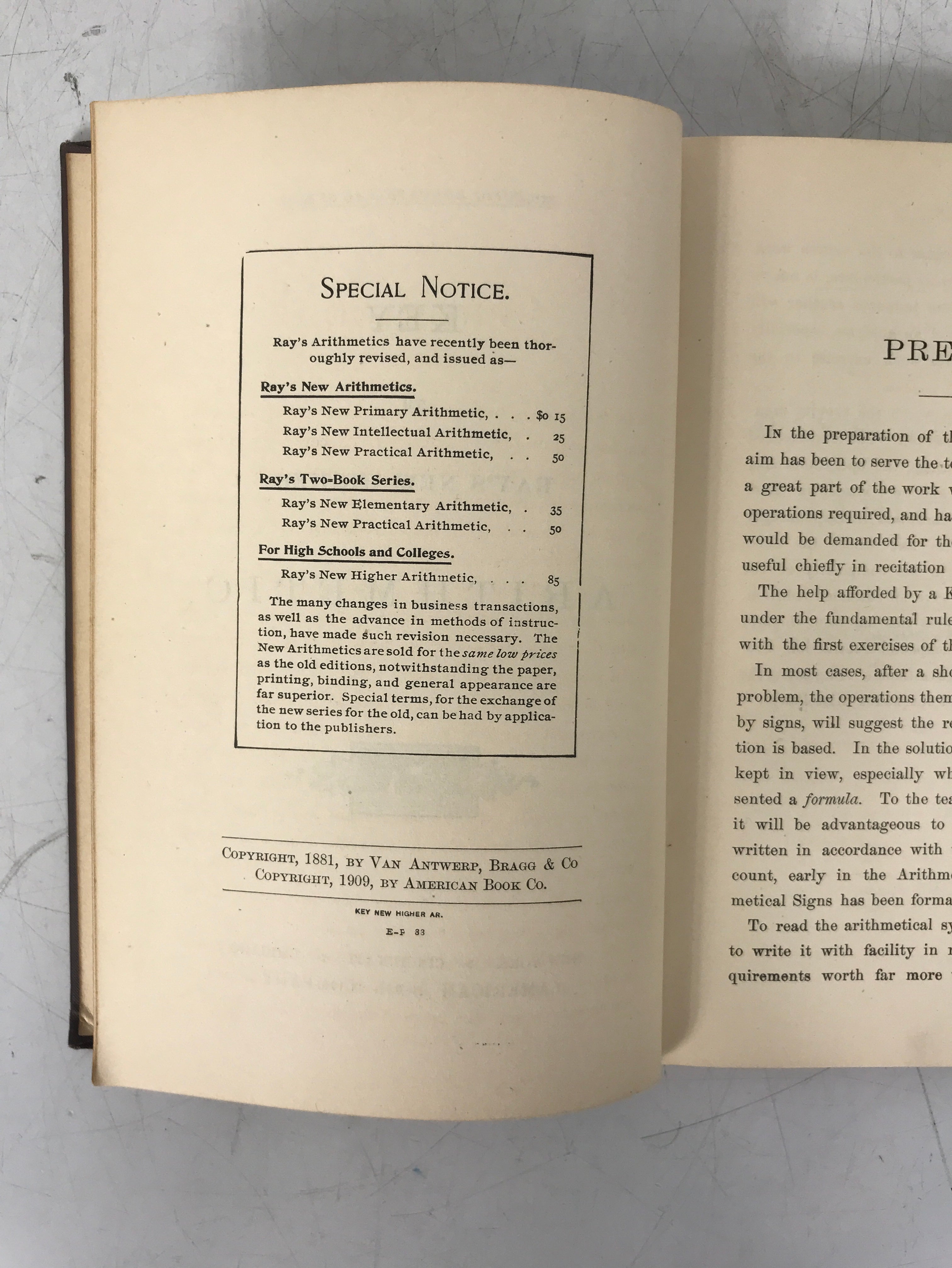 2 Ray's Mathematical Series New Higher Arithmetic & Key 1908/1909 HC