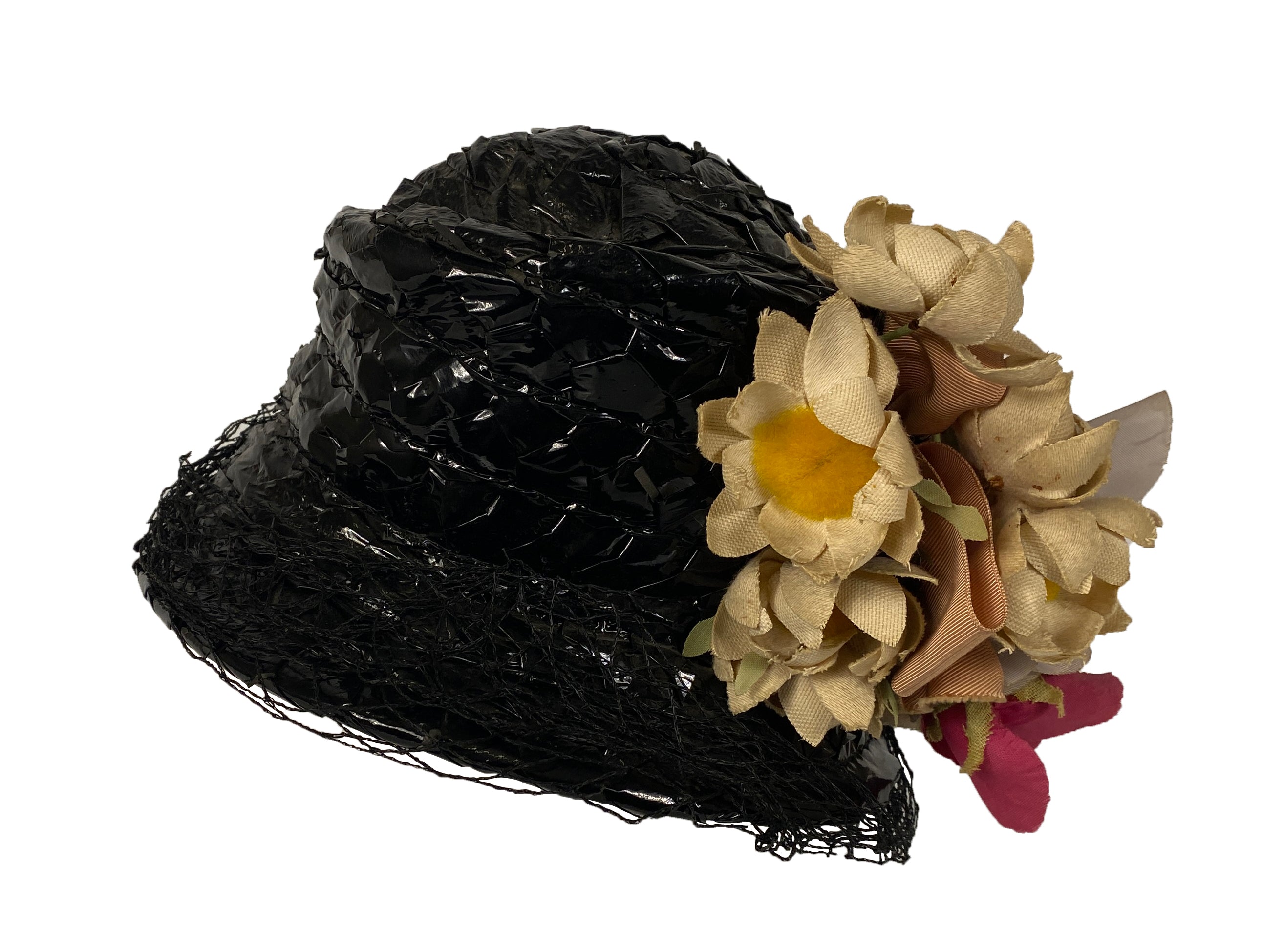 Vintage Black Straw Hat with Flower Details