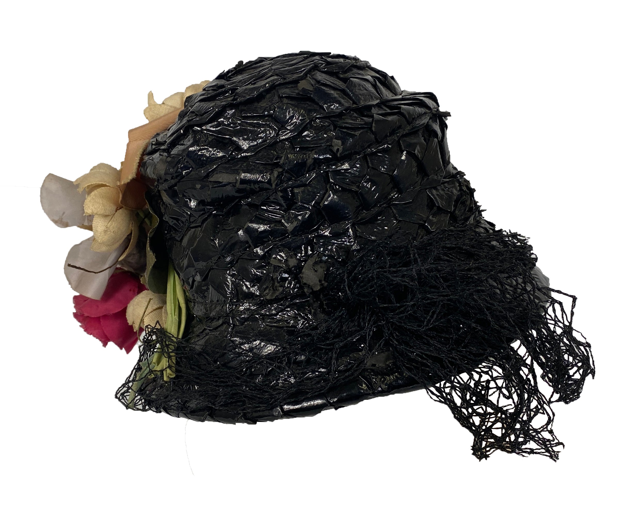 Vintage Black Straw Hat with Flower Details