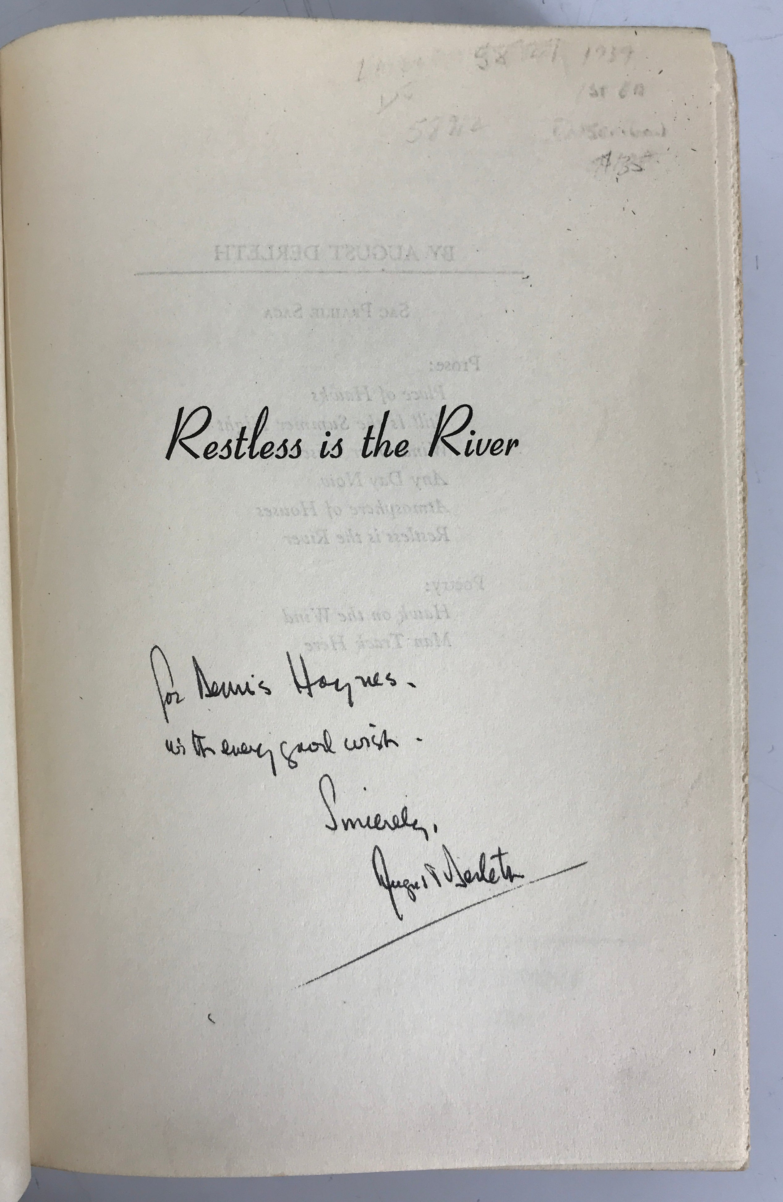 Restless is the River by Derleth Signed First Edition First Printing 1939 HC