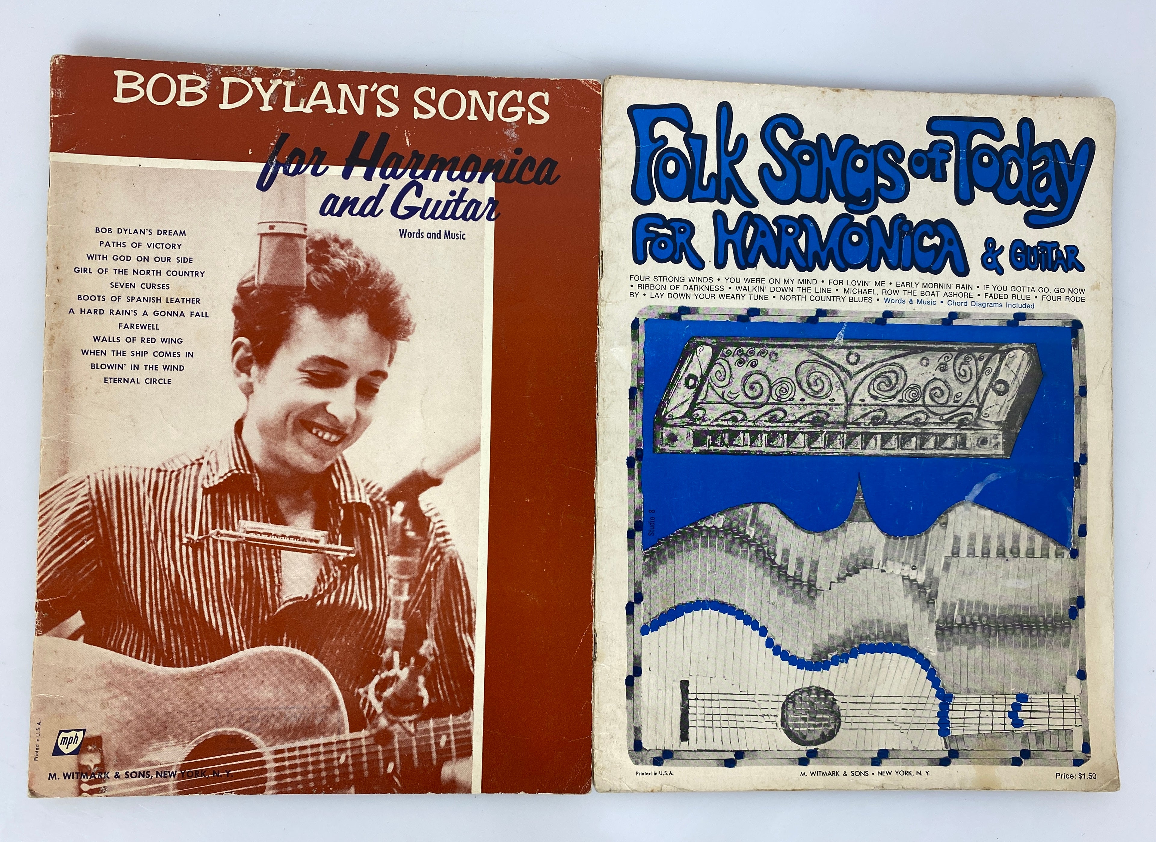 2 Vintage Harmonica & Guitar Books: Bob Dylan's Songs/Folk Songs of Today SC