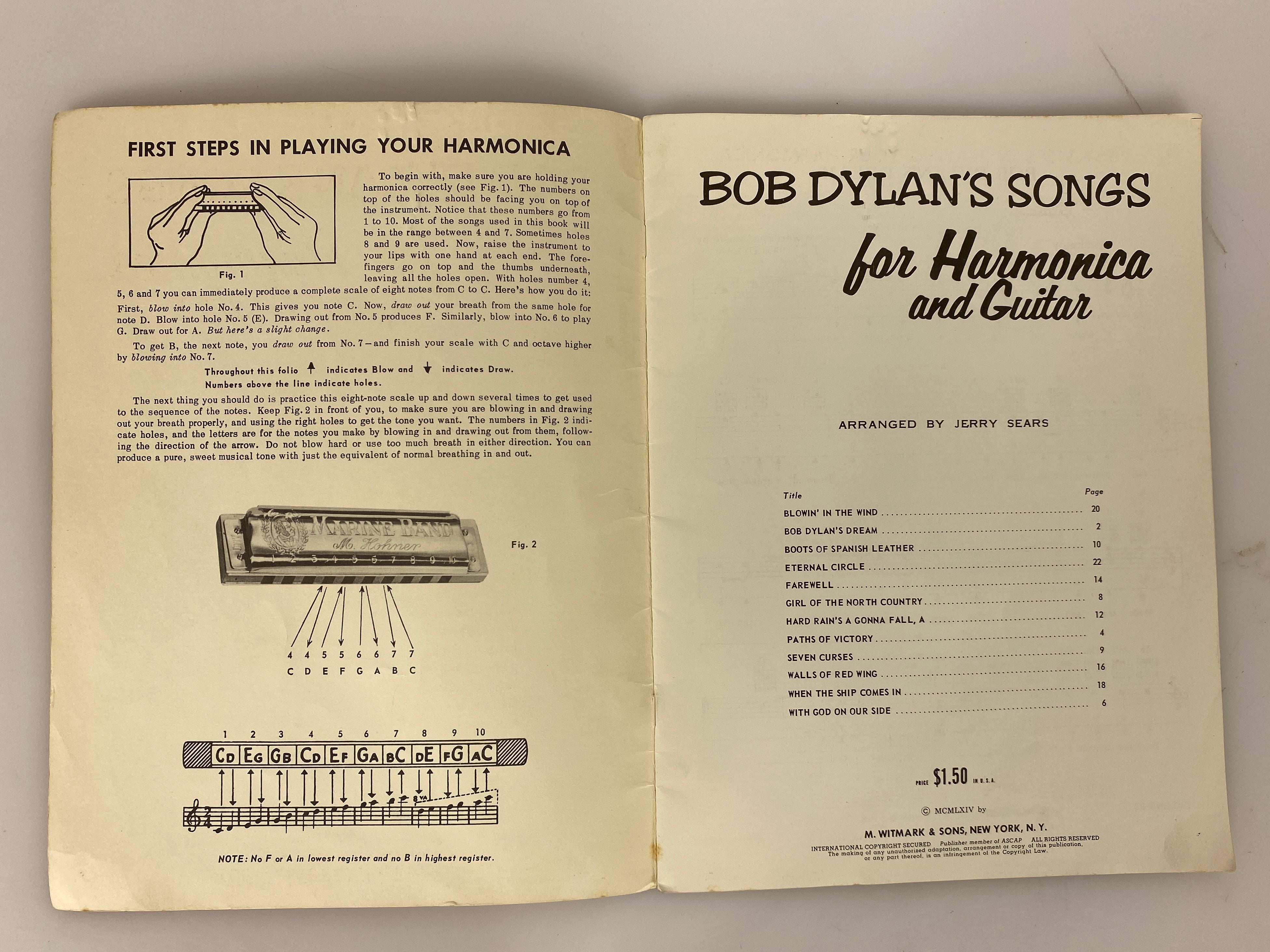 2 Vintage Harmonica & Guitar Books: Bob Dylan's Songs/Folk Songs of Today SC
