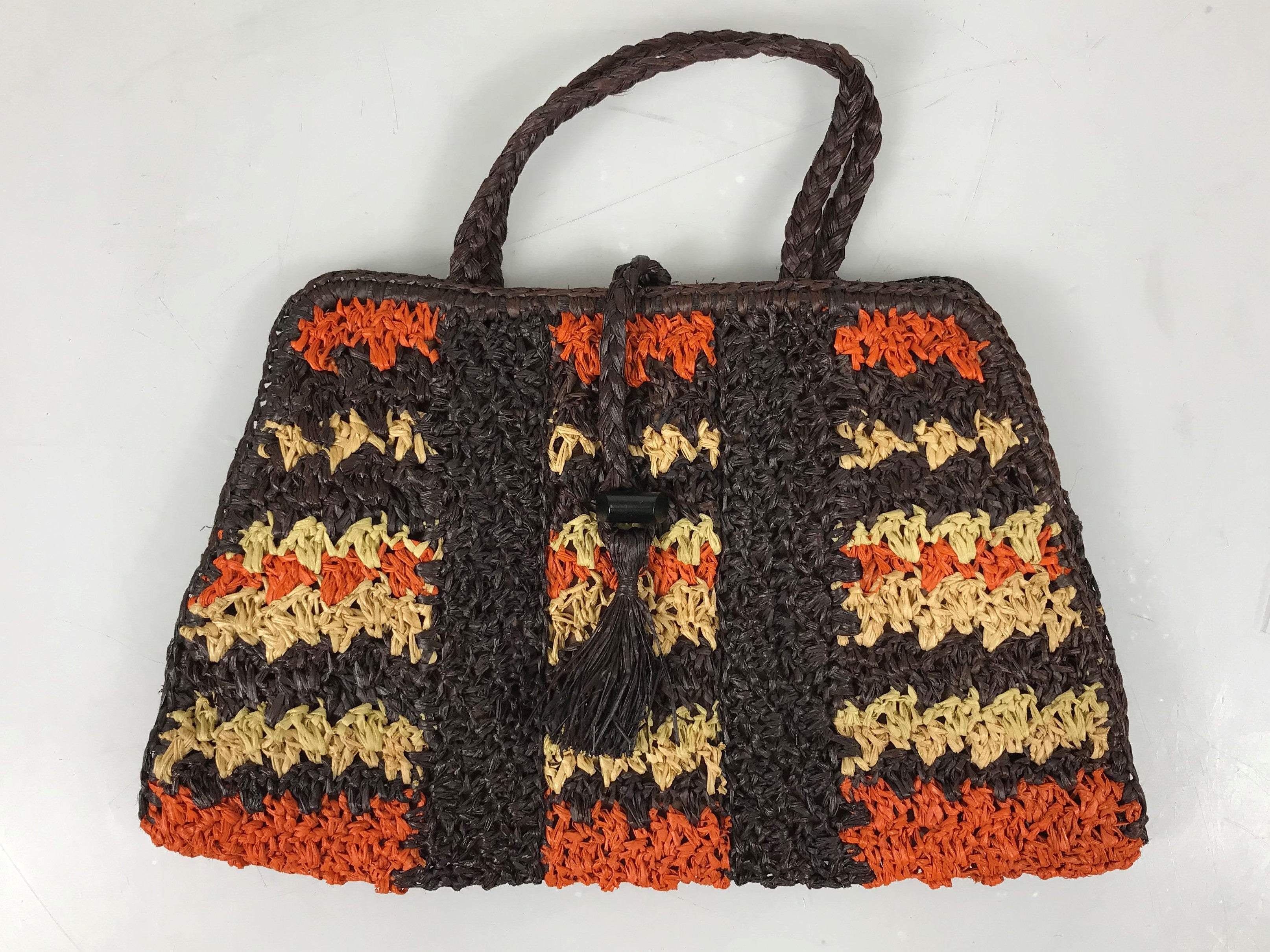 Vintage Orange and Brown 1950s Style Straw-Knit Purse